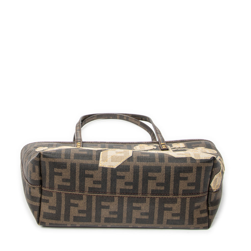 Handbag Small Embroidered Roll Tote Brown Zucca Coated Canvas