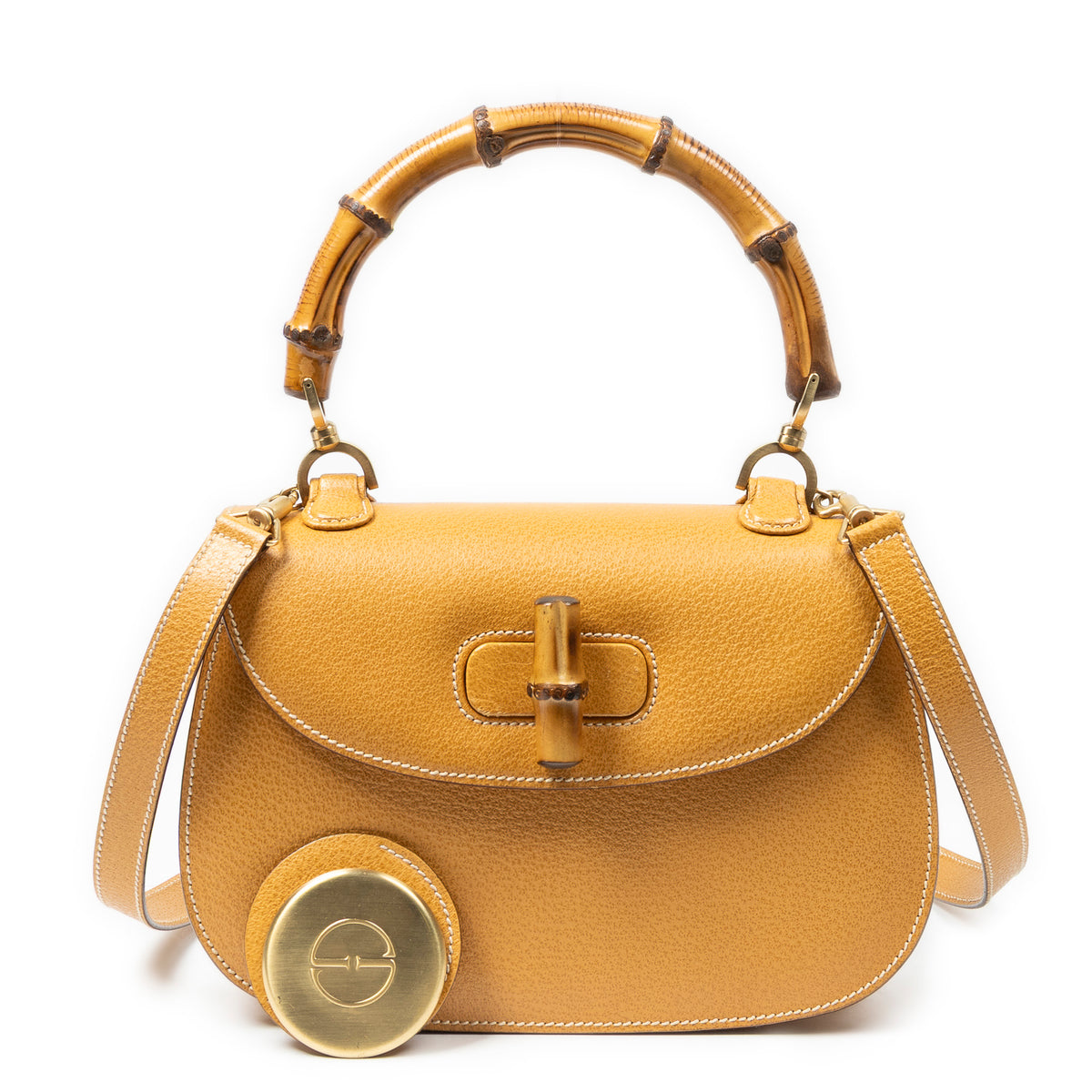 Handbag Medium Bamboo Top Handle Flap Yellow Grained Calfskin Leather