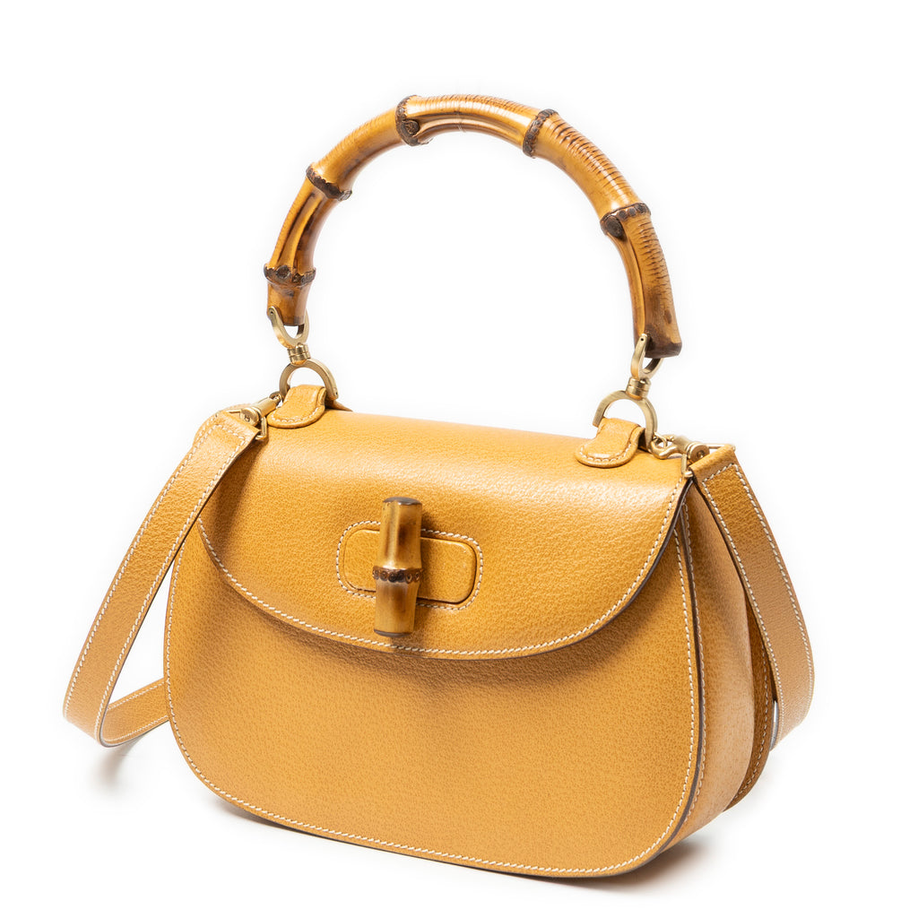 Handbag Medium Bamboo Top Handle Flap Yellow Grained Calfskin Leather