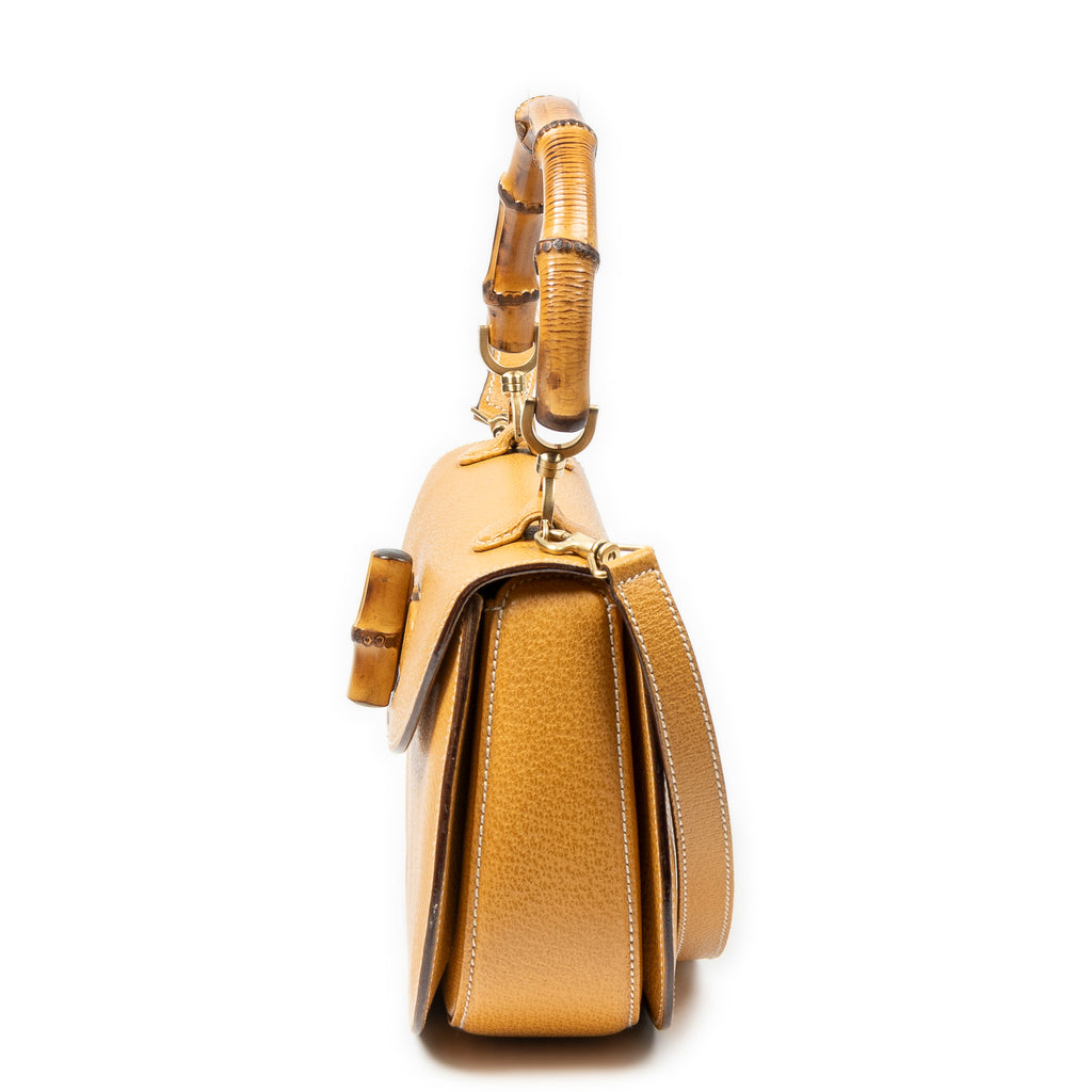 Handbag Medium Bamboo Top Handle Flap Yellow Grained Calfskin Leather