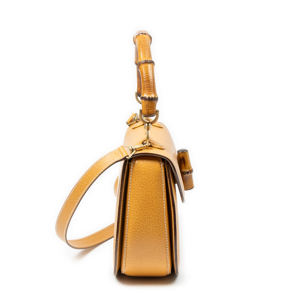 Handbag Medium Bamboo Top Handle Flap Yellow Grained Calfskin Leather