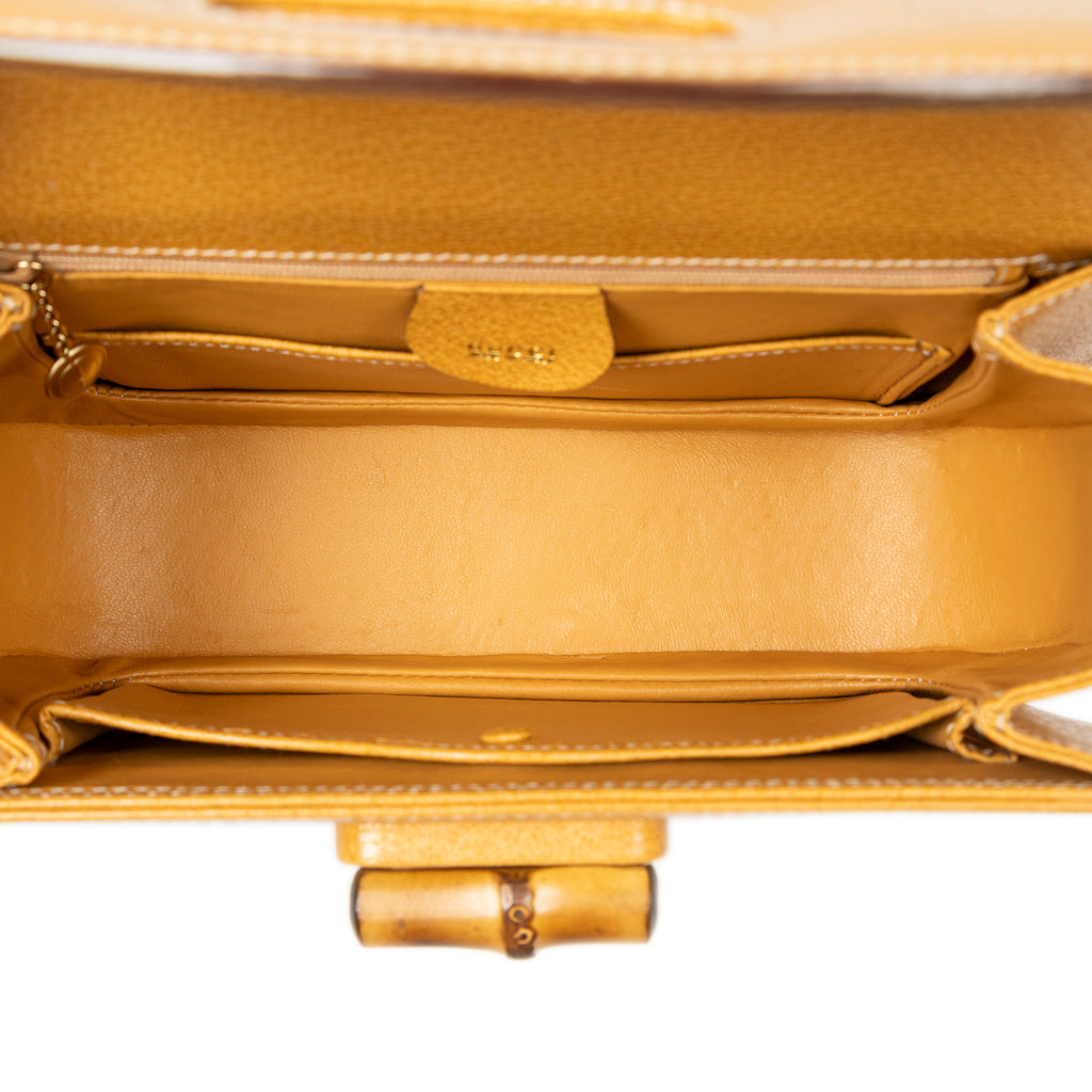 Handbag Medium Bamboo Top Handle Flap Yellow Grained Calfskin Leather