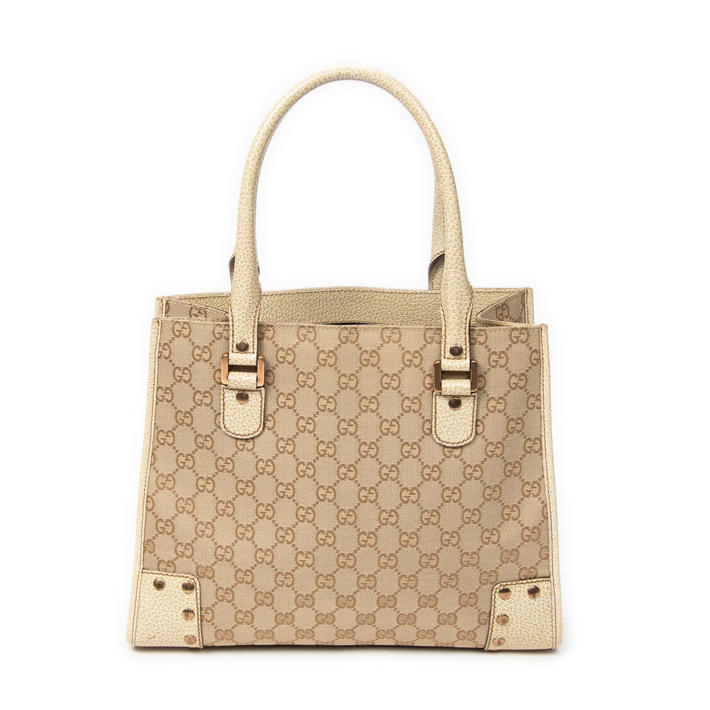 Shoulder Bag Square Studded Tote Beige Monogrammed Canvas