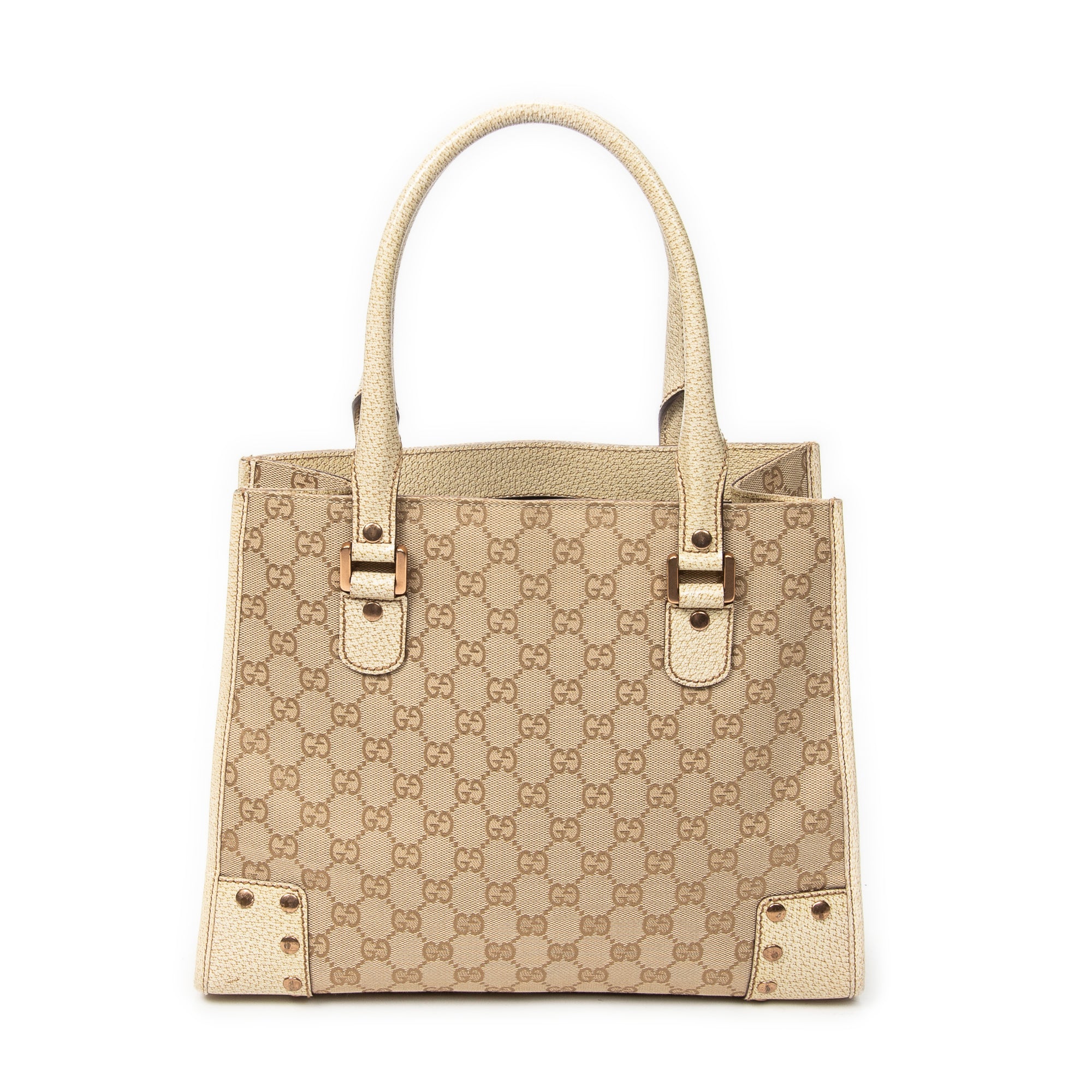 Shoulder Bag Square Studded Tote Beige Monogrammed Canvas