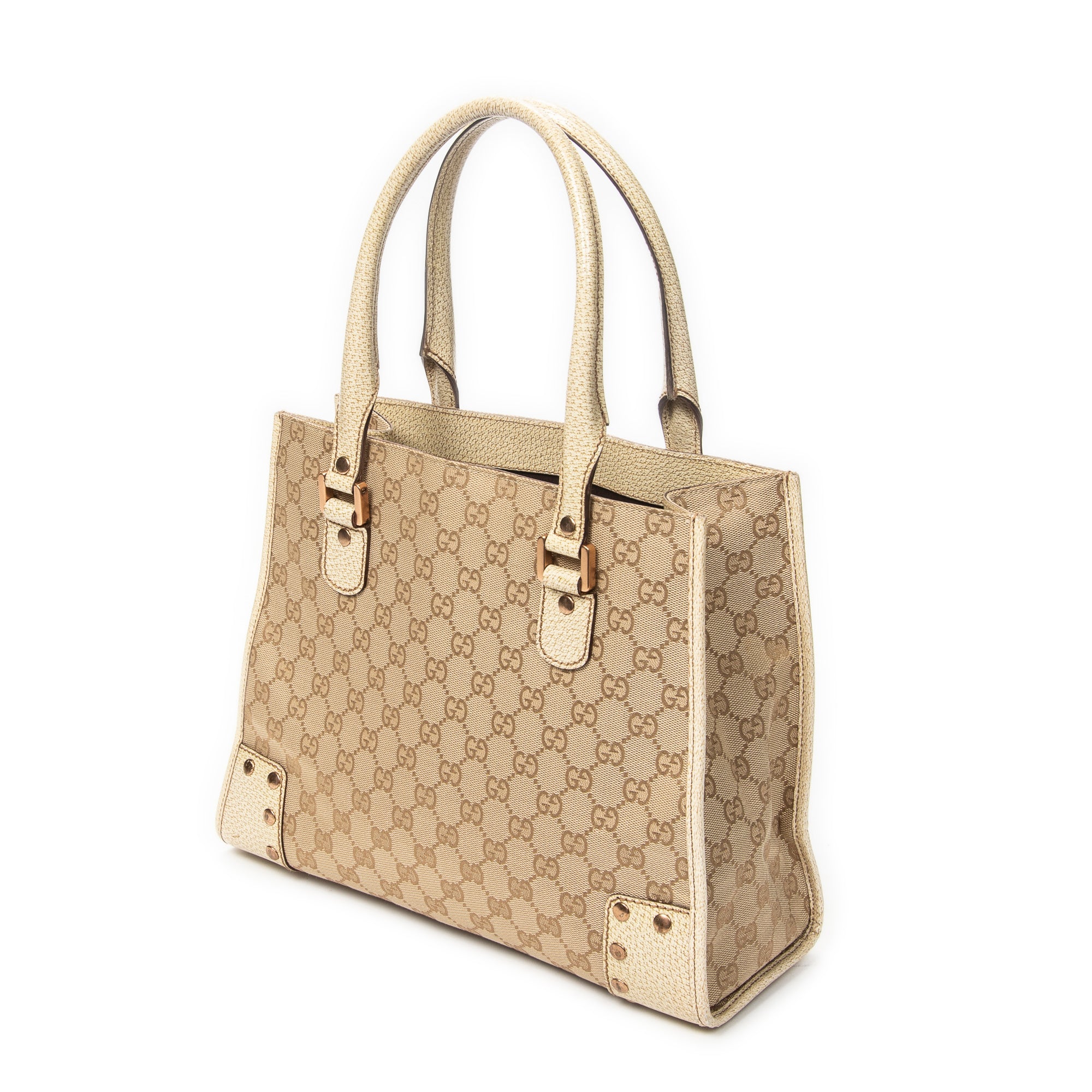 Shoulder Bag Square Studded Tote Beige Monogrammed Canvas