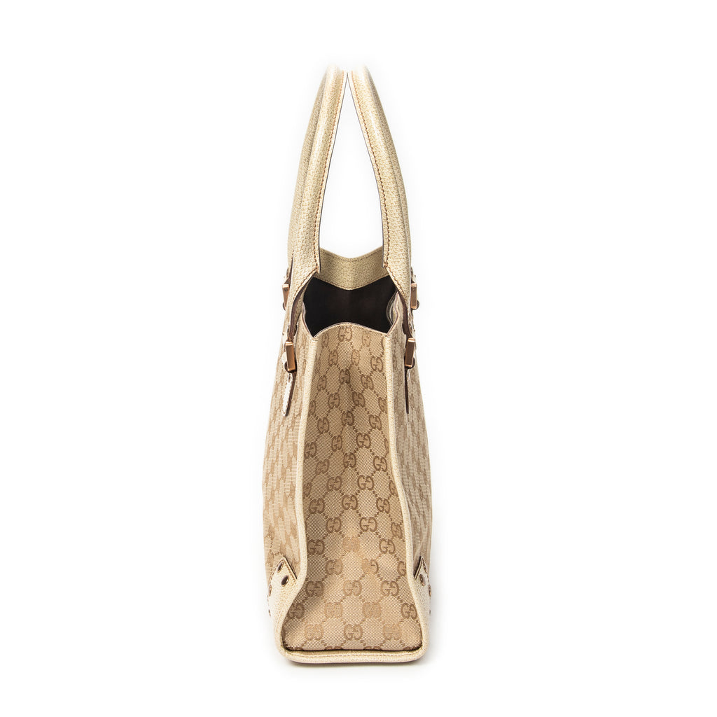 Shoulder Bag Square Studded Tote Beige Monogrammed Canvas