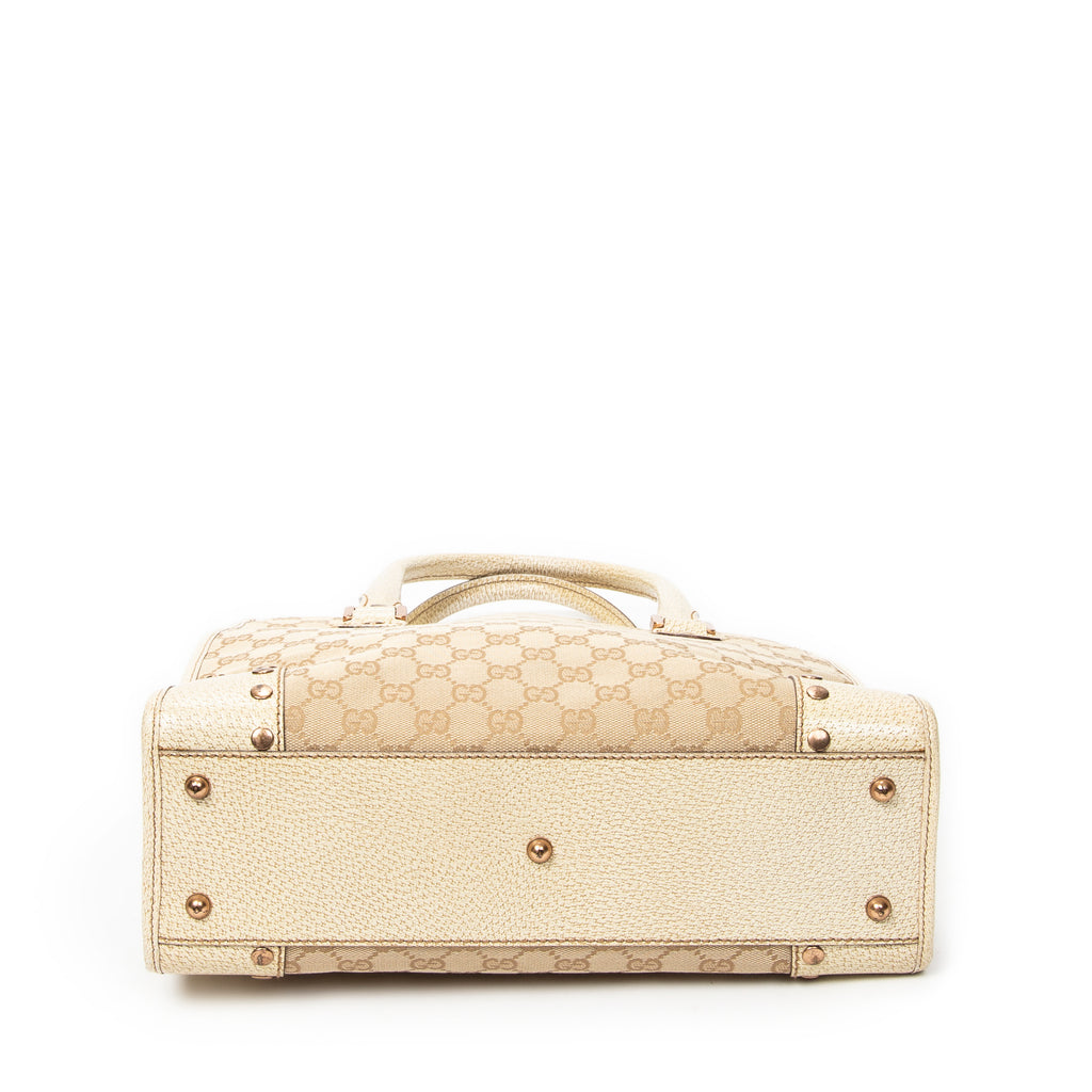 Shoulder Bag Square Studded Tote Beige Monogrammed Canvas