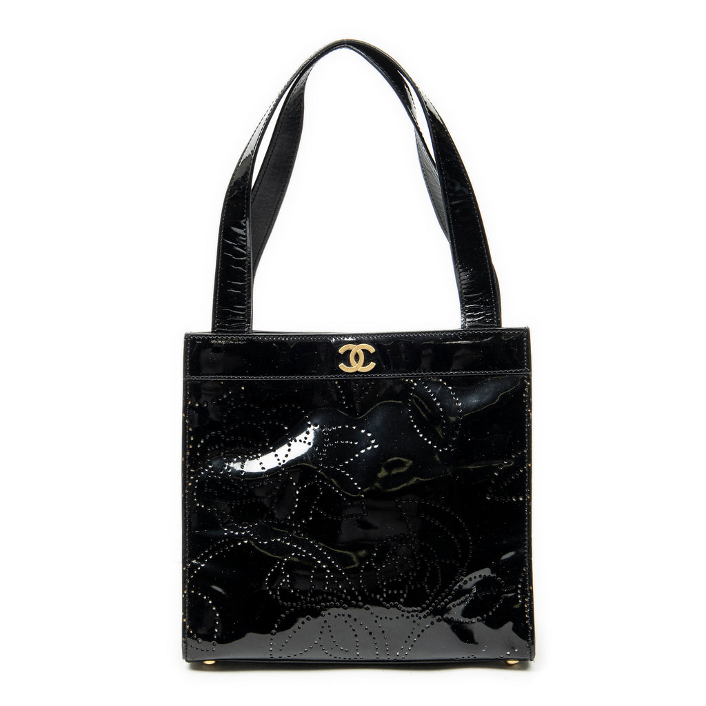 Shoulder Bag CC Perforated Camellia Tote Black Patent Leather