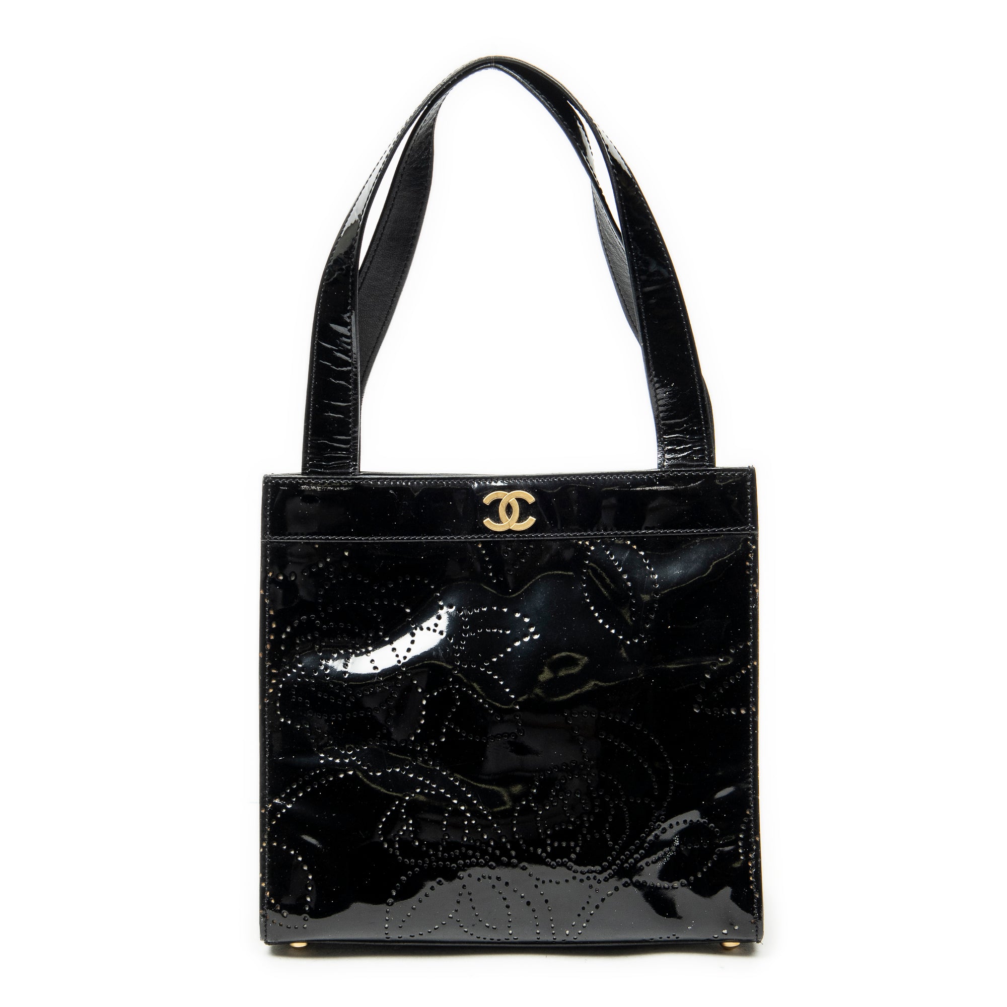 Shoulder Bag CC Perforated Camellia Tote Black Patent Leather