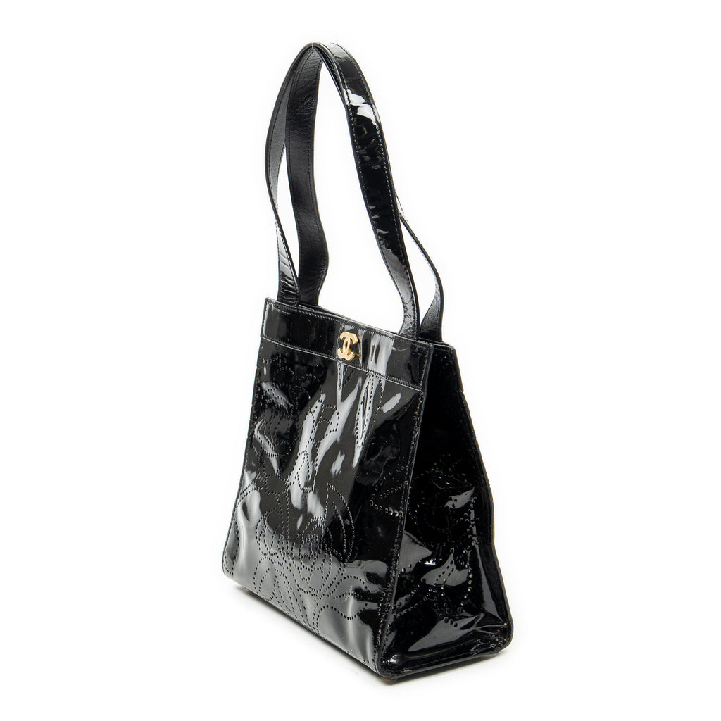 Shoulder Bag CC Perforated Camellia Tote Black Patent Leather