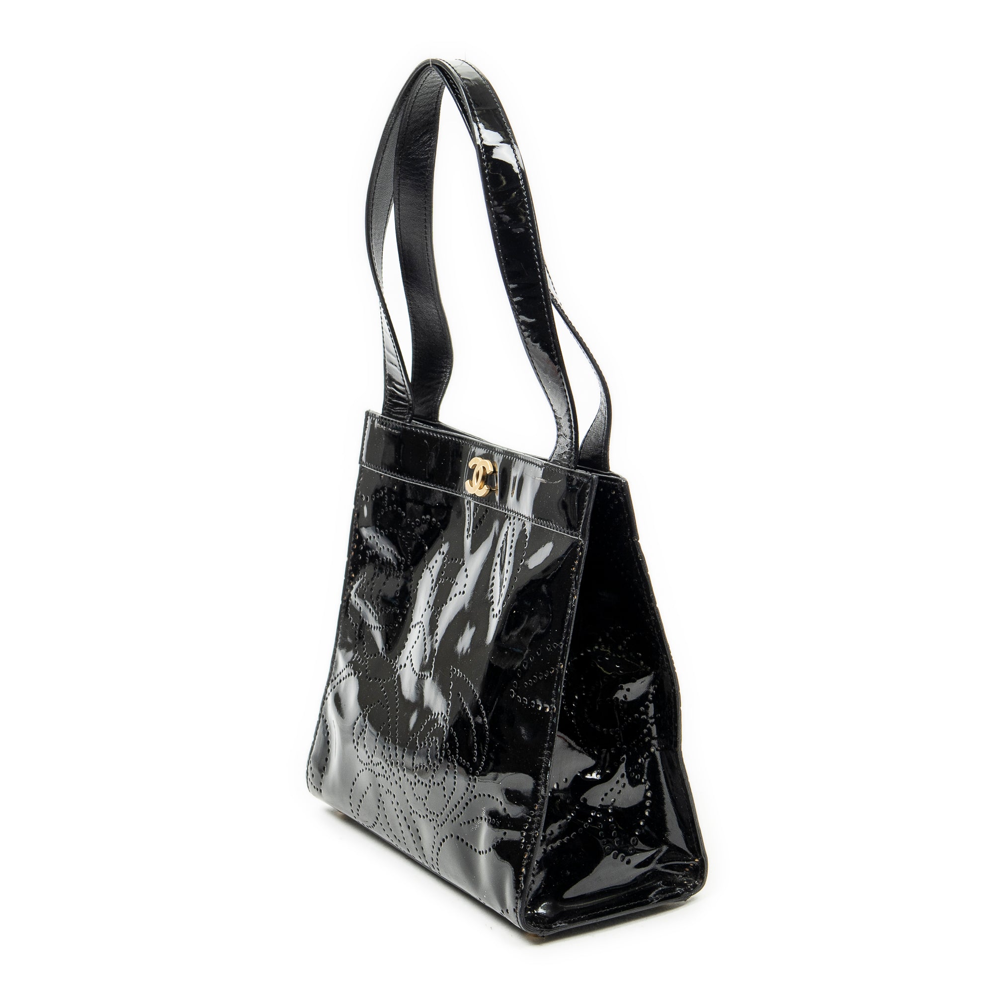 Shoulder Bag CC Perforated Camellia Tote Black Patent Leather