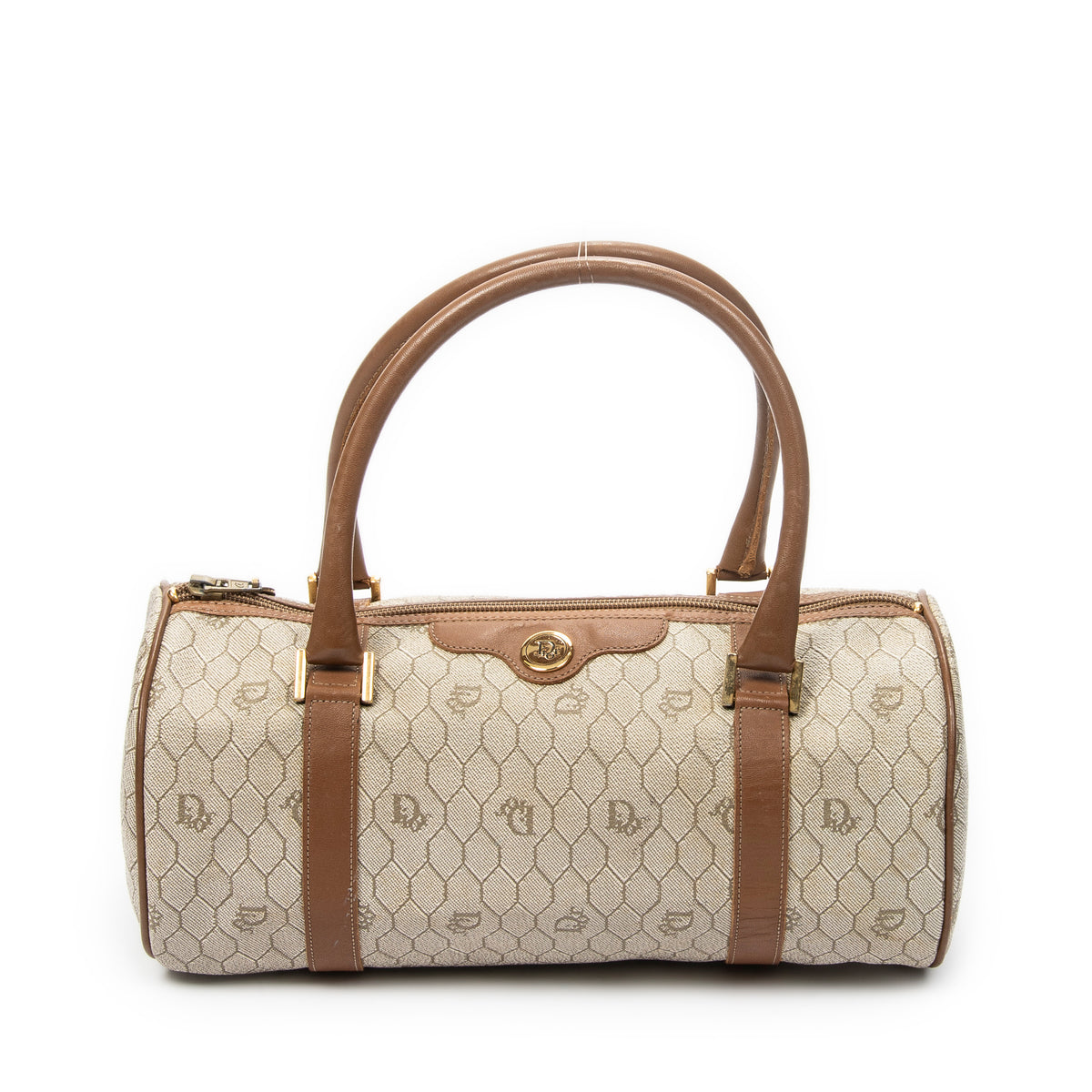 Handbag Vintage Barell Boston Brown Honeycomb Coated Canvas