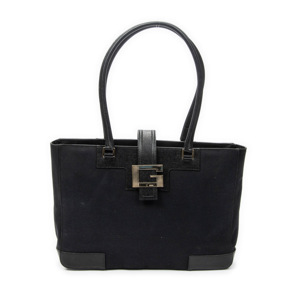 Shoulder Bag G Buckle Logo Open Tote Black Canvas