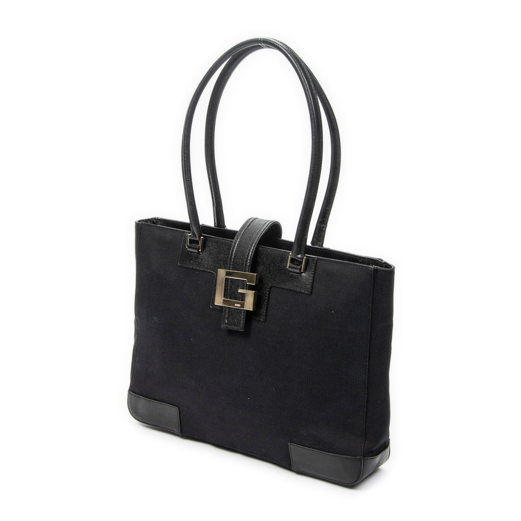 Shoulder Bag G Buckle Logo Open Tote Black Canvas