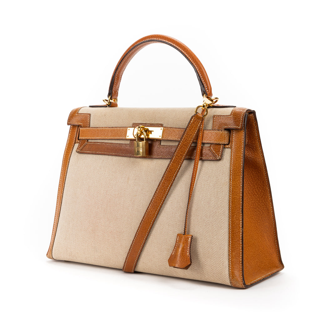 Handbag Kelly Sellier 32 Beige Toile H Canvas/Courchevel Leather