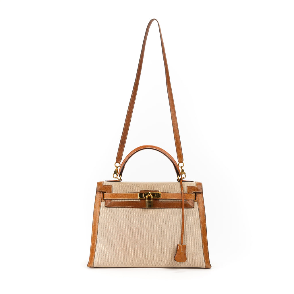 Handbag Kelly Sellier 32 Beige Toile H Canvas/Courchevel Leather