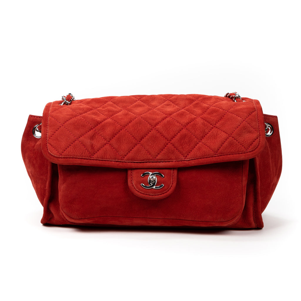 Shoulder Bag Flap Red Suede Leather