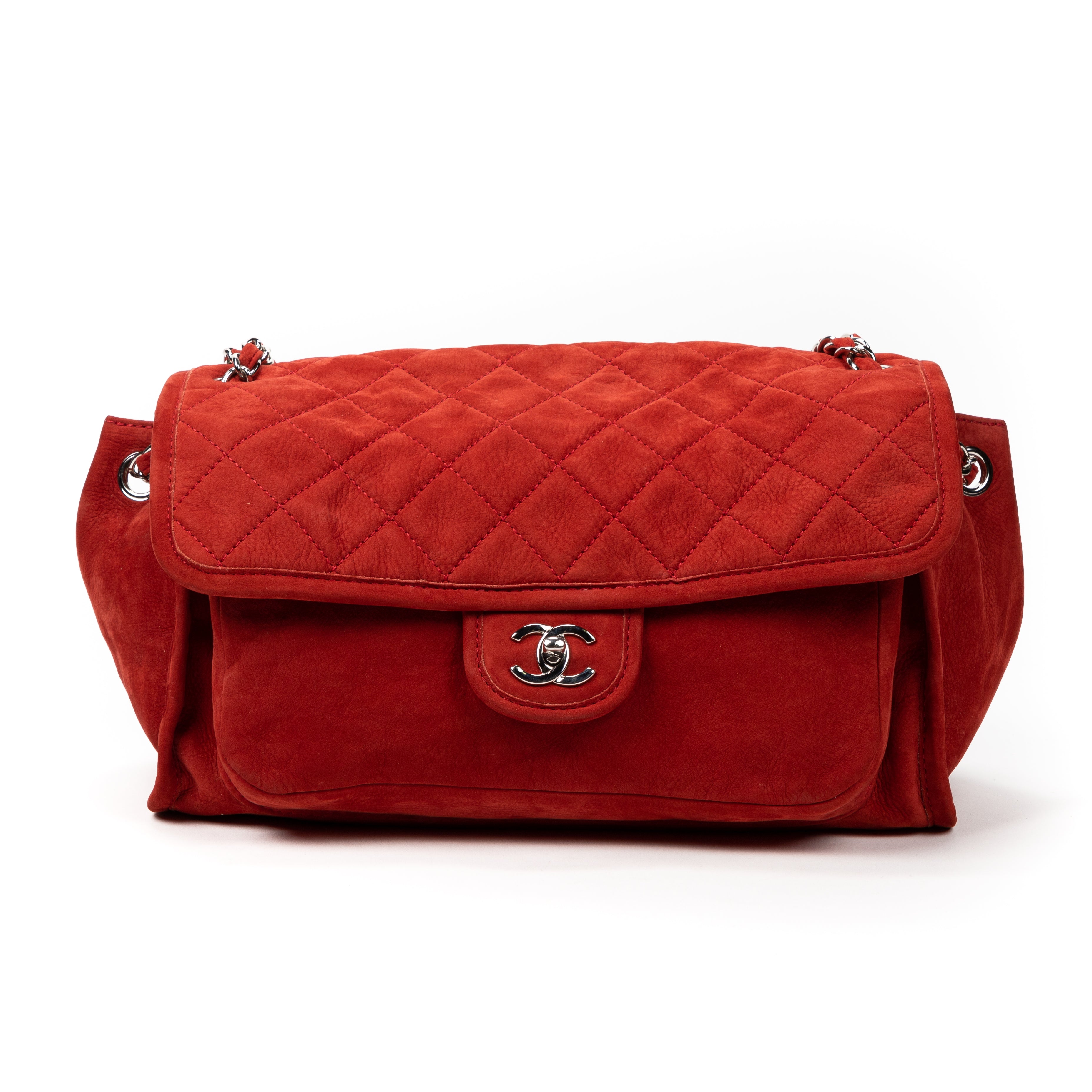 Shoulder Bag Flap Red Suede Leather