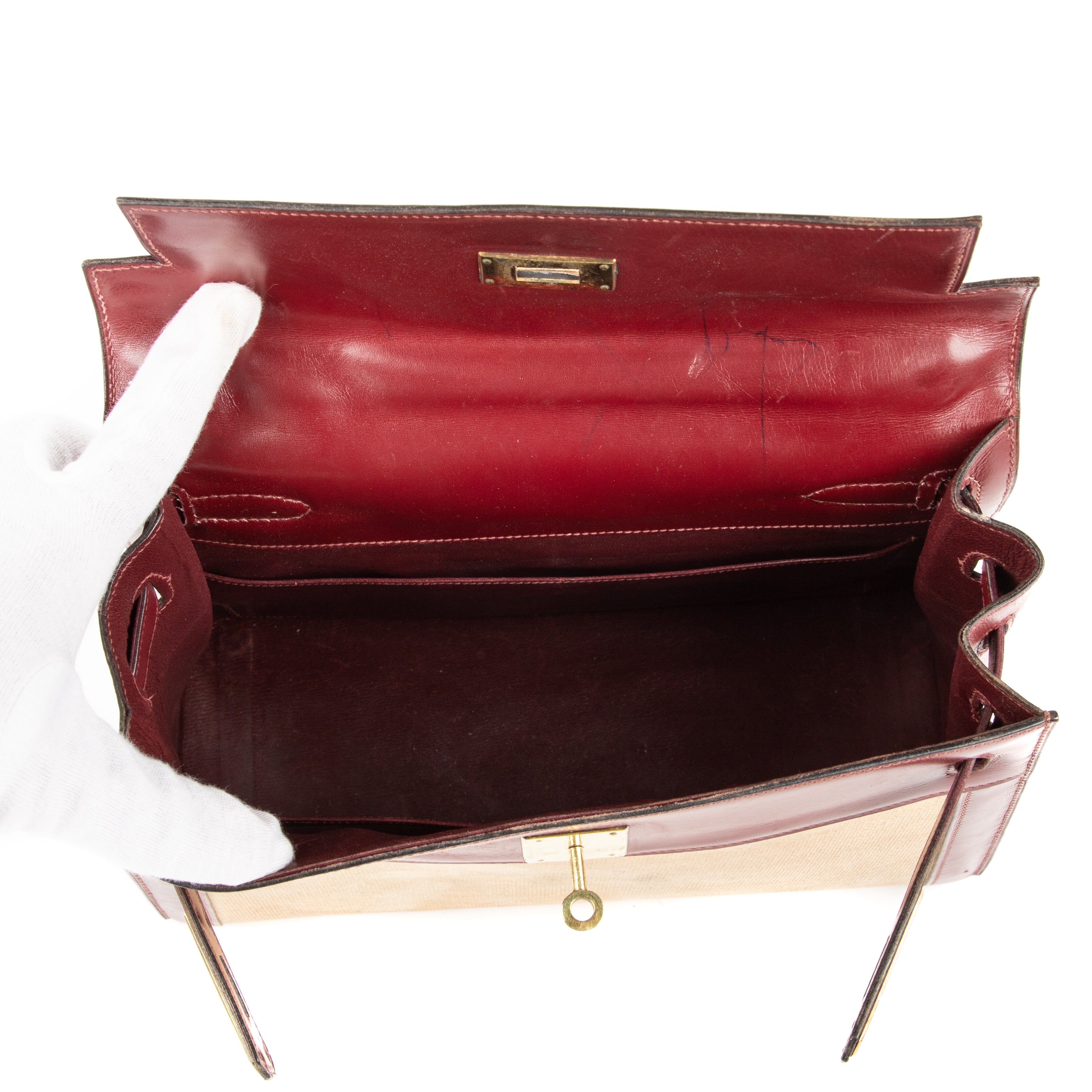 Handbag Vintage Kelly Sellier 28 Rouge Imperial Toile H Canvas/Box Leather