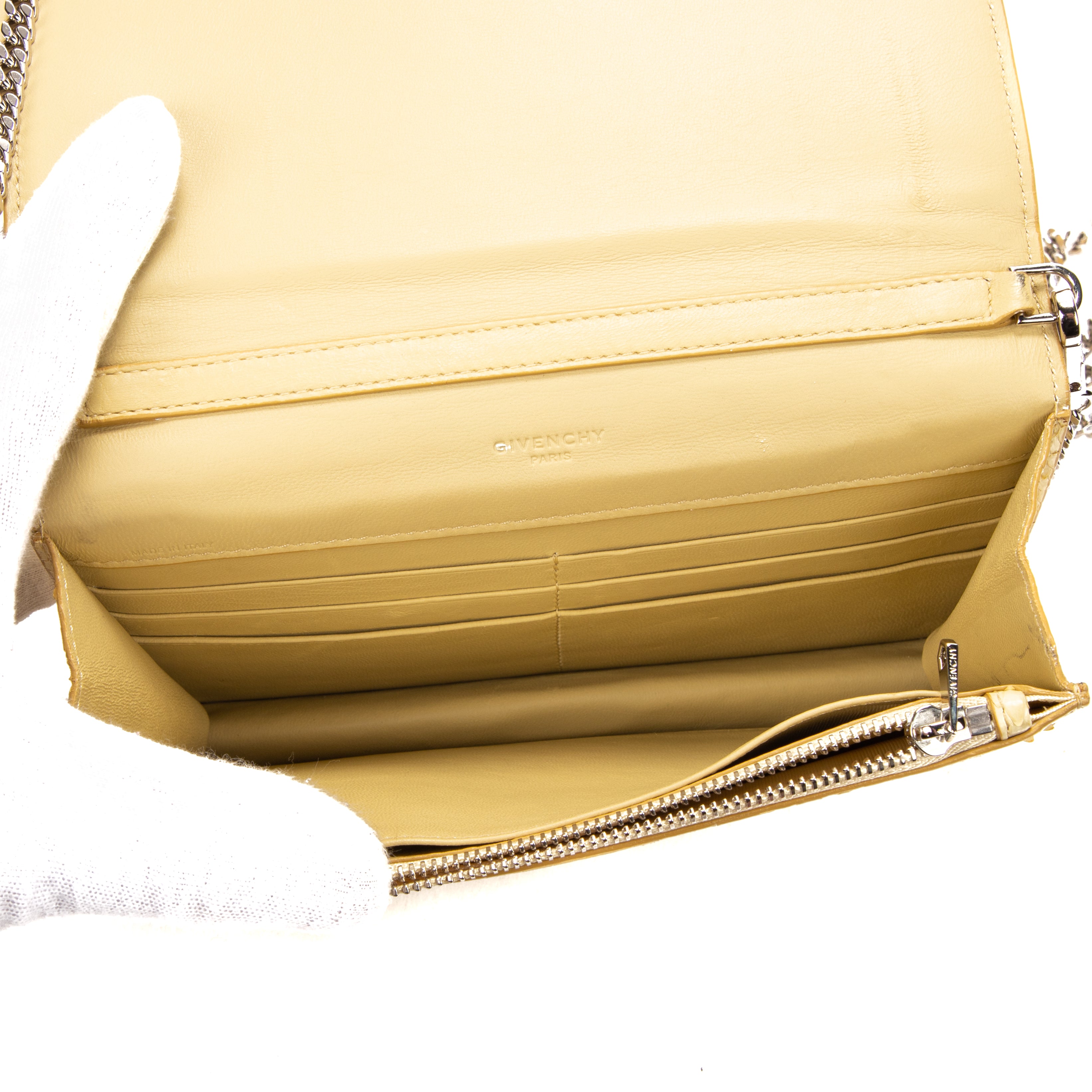 Pouch Wallet on Chain Yellow Snakeskin Embossed Leather