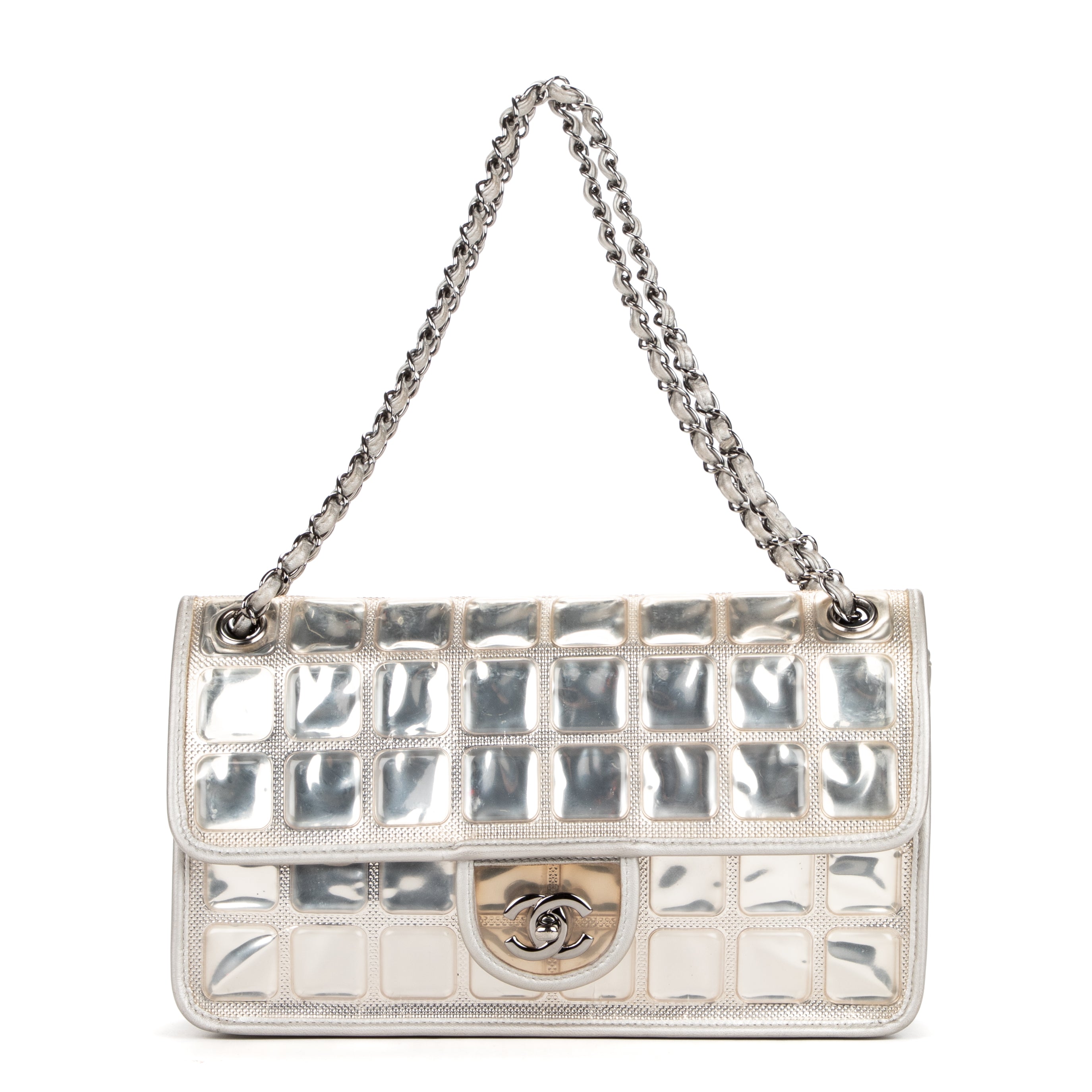 Shoulder bag Ice cube flap Silver Calfskin Leather/PVC