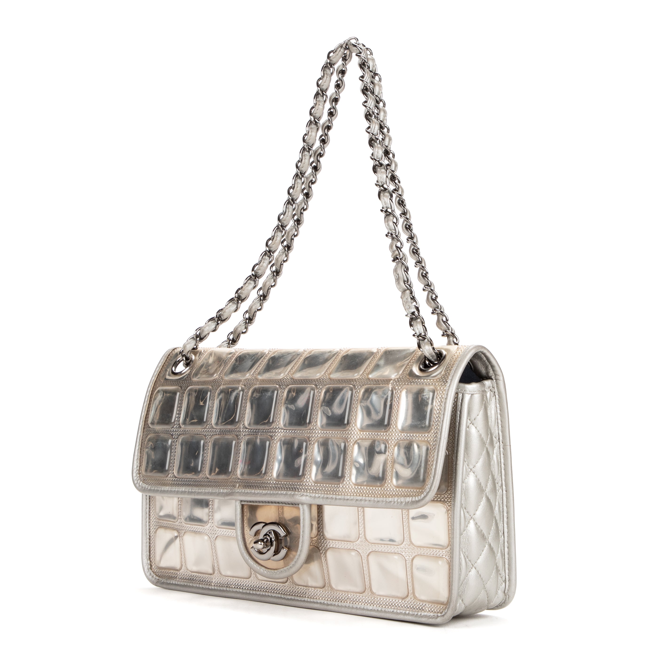 Shoulder bag Ice cube flap Silver Calfskin Leather/PVC
