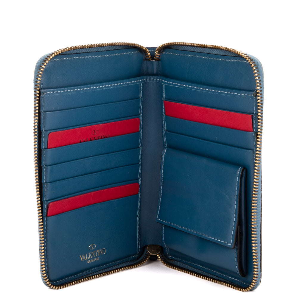 Wallet Rockstud Blue Calfskin Leather