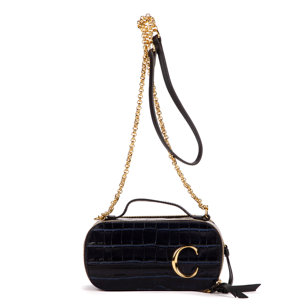 Bolso de Hombro Gafas Mini Piel Repujada Cocodrilo Azul Marino