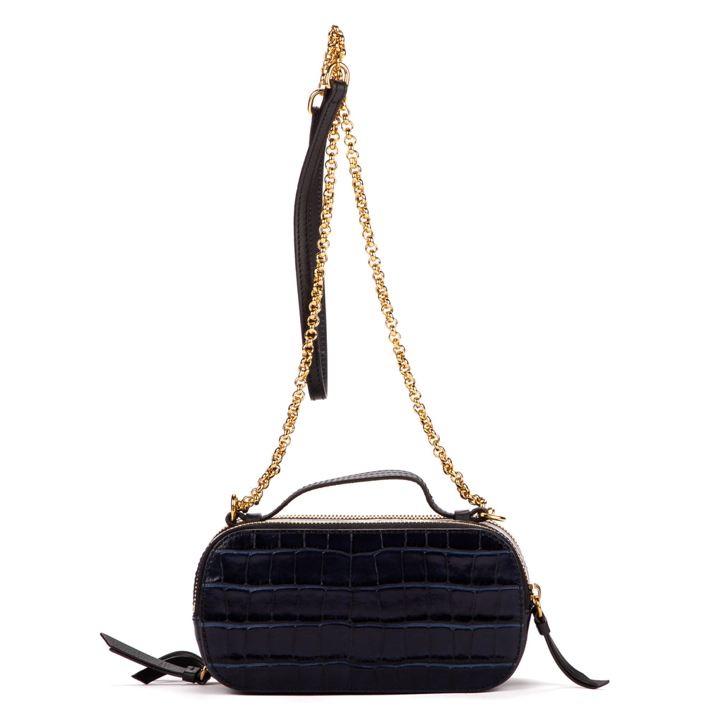 Bolso de Hombro Gafas Mini Piel Repujada Cocodrilo Azul Marino