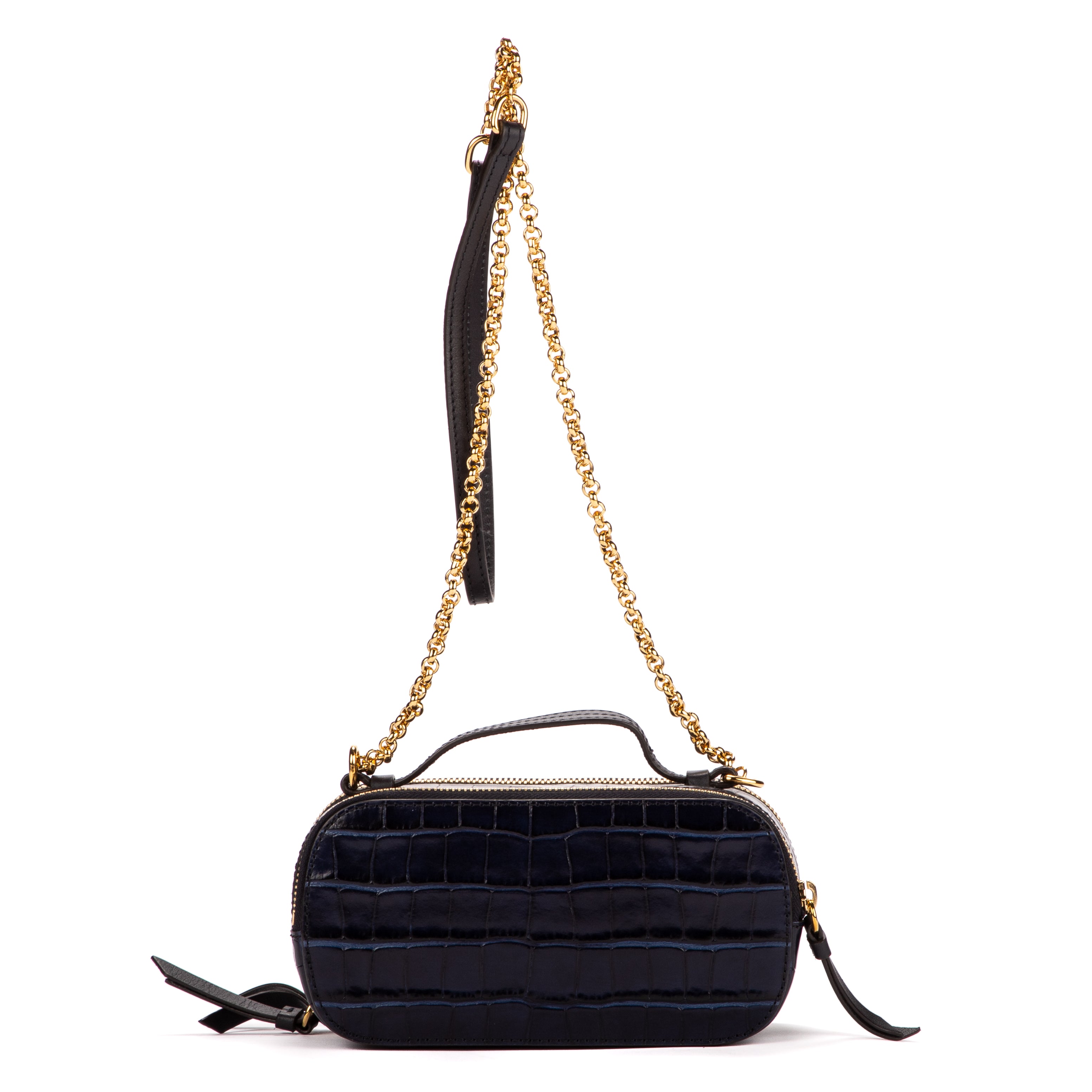 Bolso de Hombro Gafas Mini Piel Repujada Cocodrilo Azul Marino