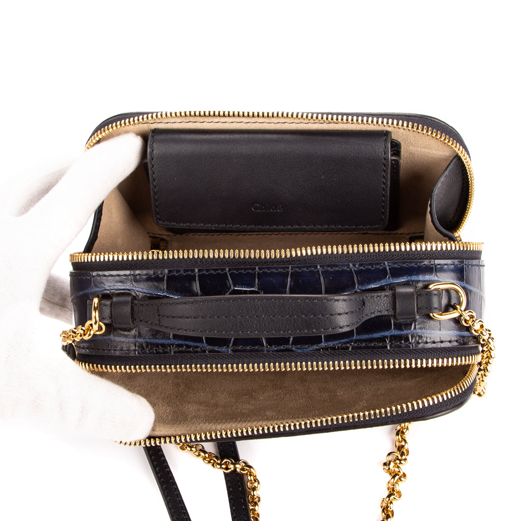 Bolso de Hombro Gafas Mini Piel Repujada Cocodrilo Azul Marino