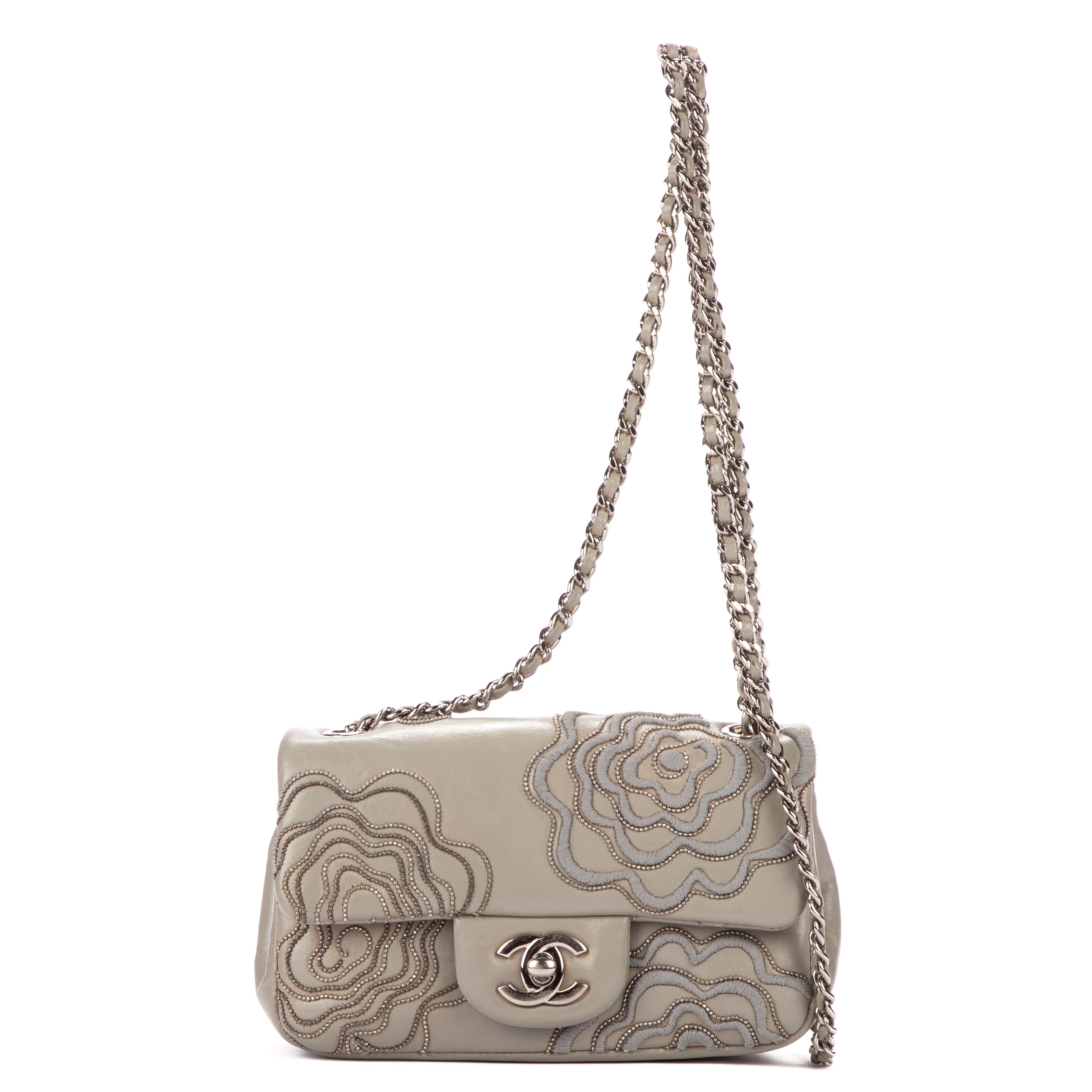 Bandolera Mini Atemporal de Piel de Cordero Gris Claro con Flores Bordadas