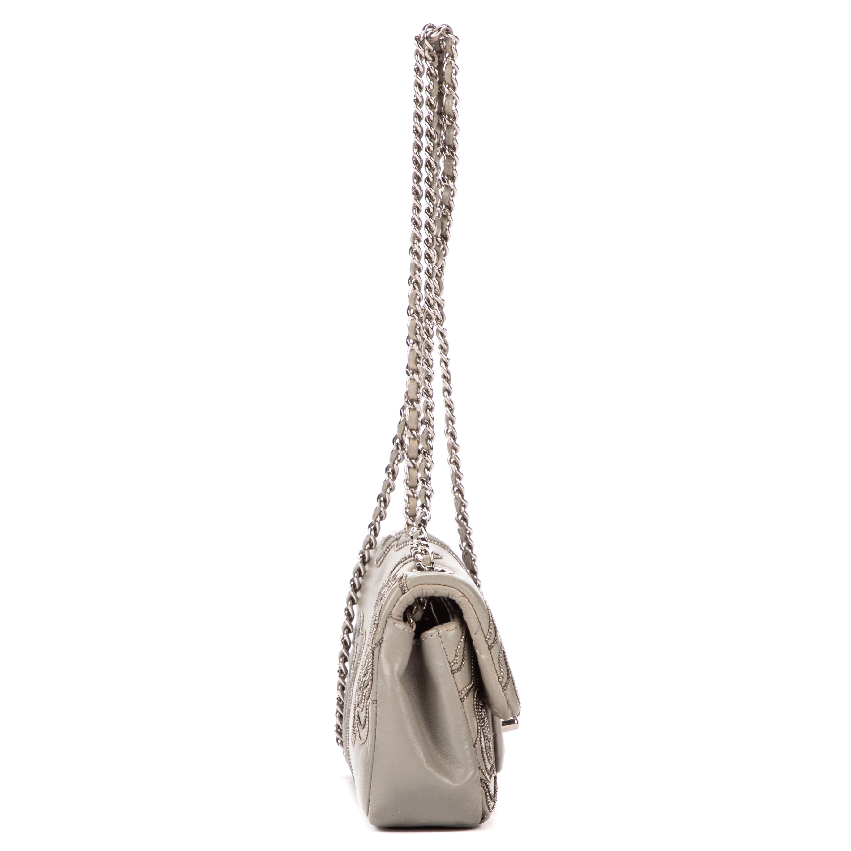 Bandolera Mini Atemporal de Piel de Cordero Gris Claro con Flores Bordadas