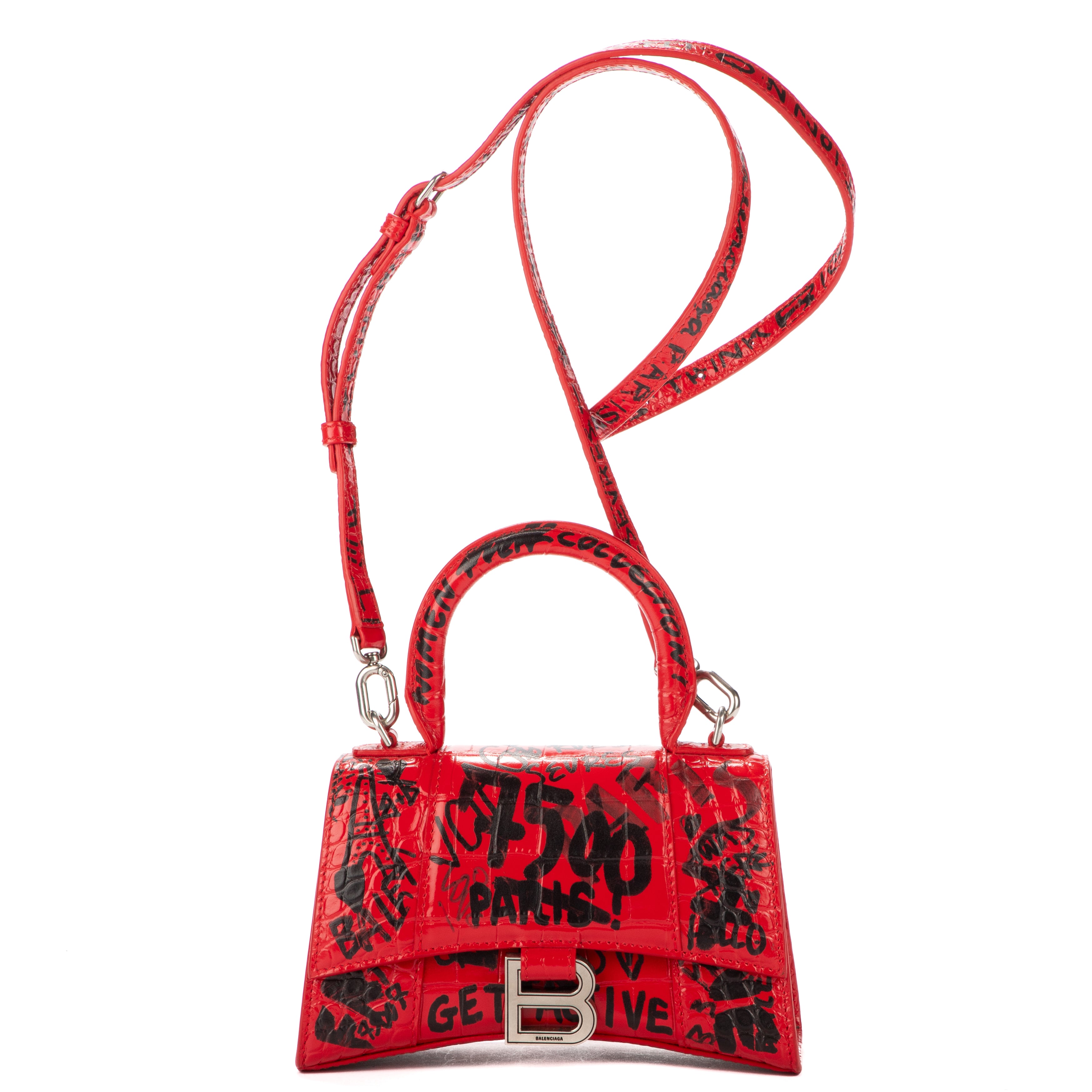 Handbag Hourglass XS Red Graffiti Croc Embossed Leather