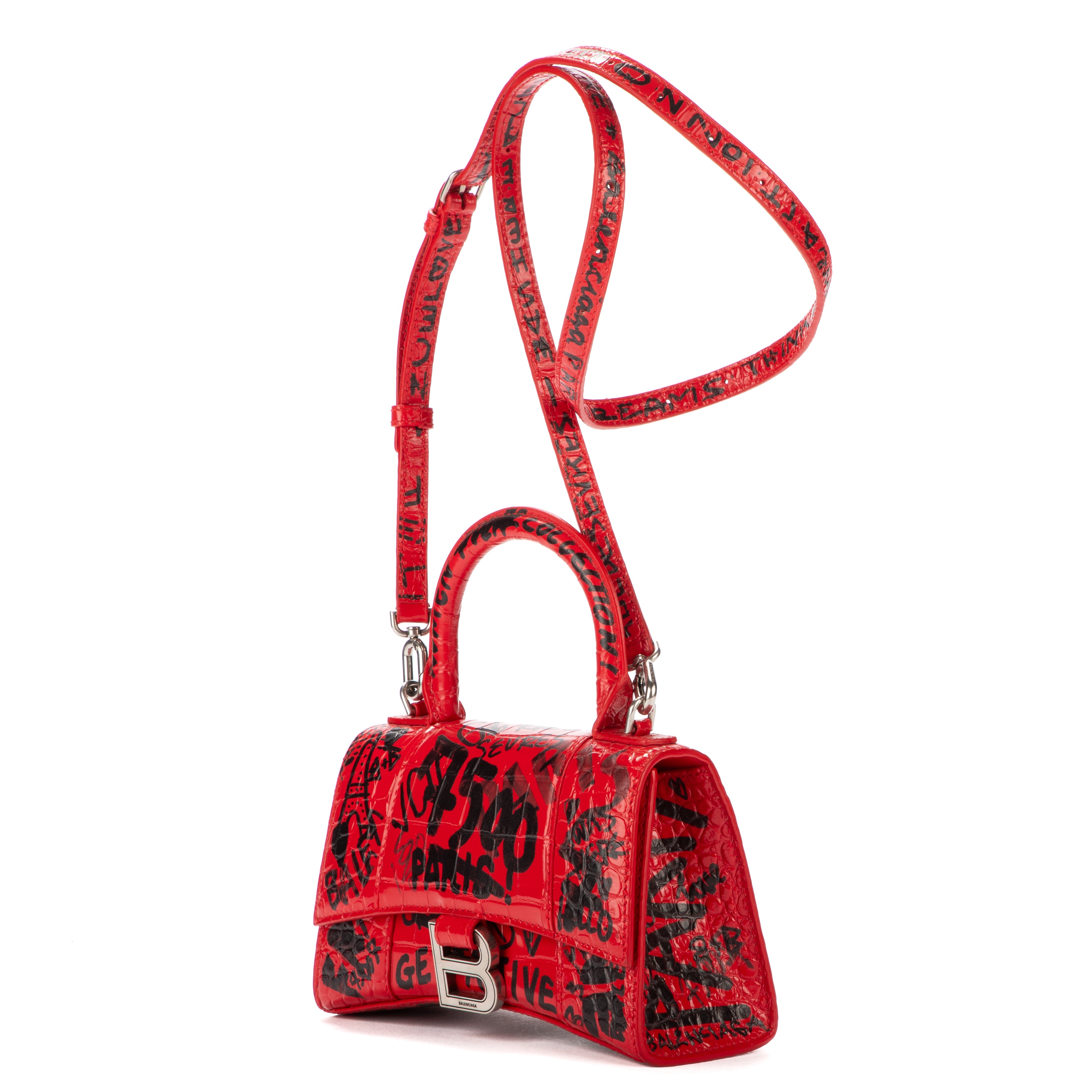 Handbag Hourglass XS Red Graffiti Croc Embossed Leather