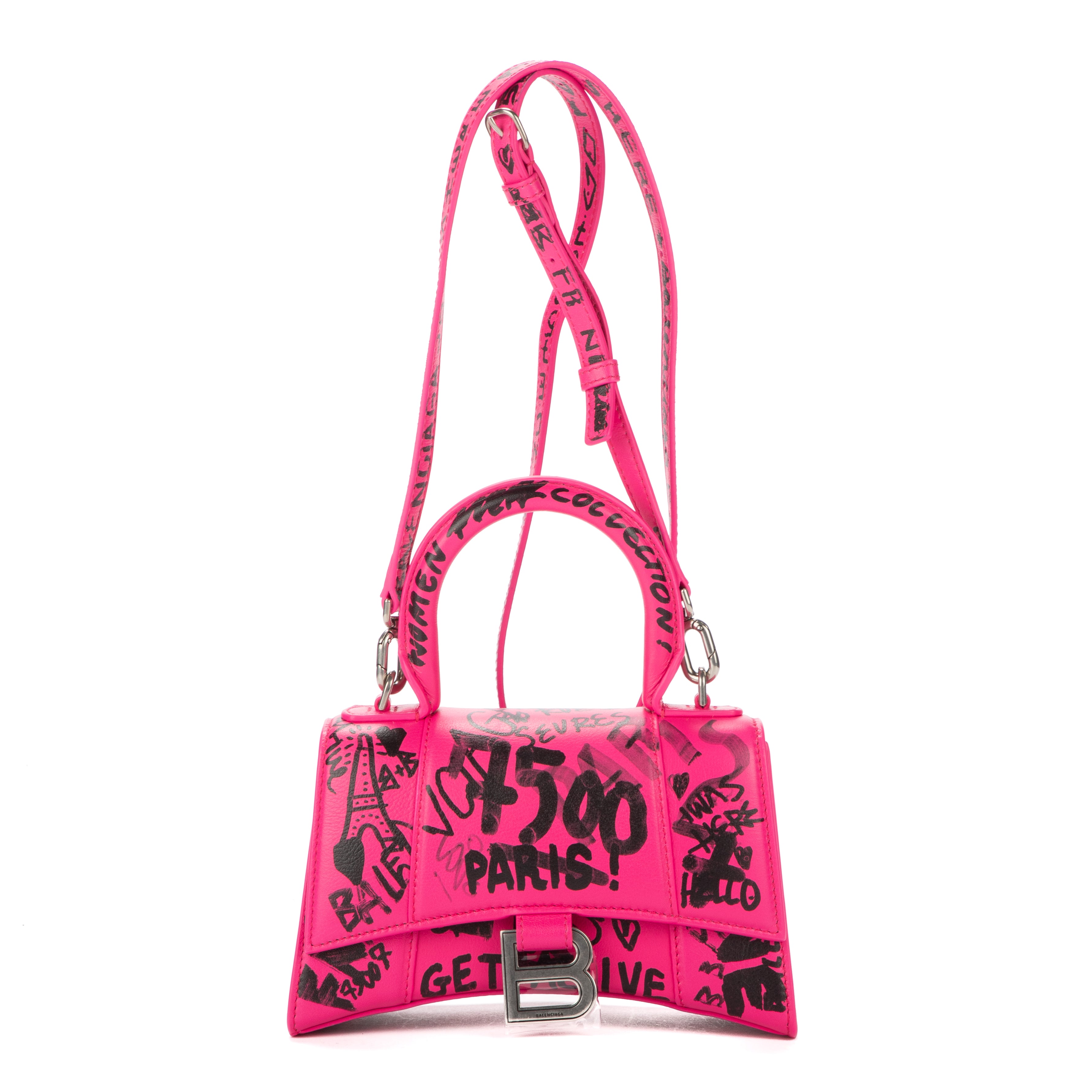 Bolso de mano Hourglass XS de piel de becerro rosa con grafiti