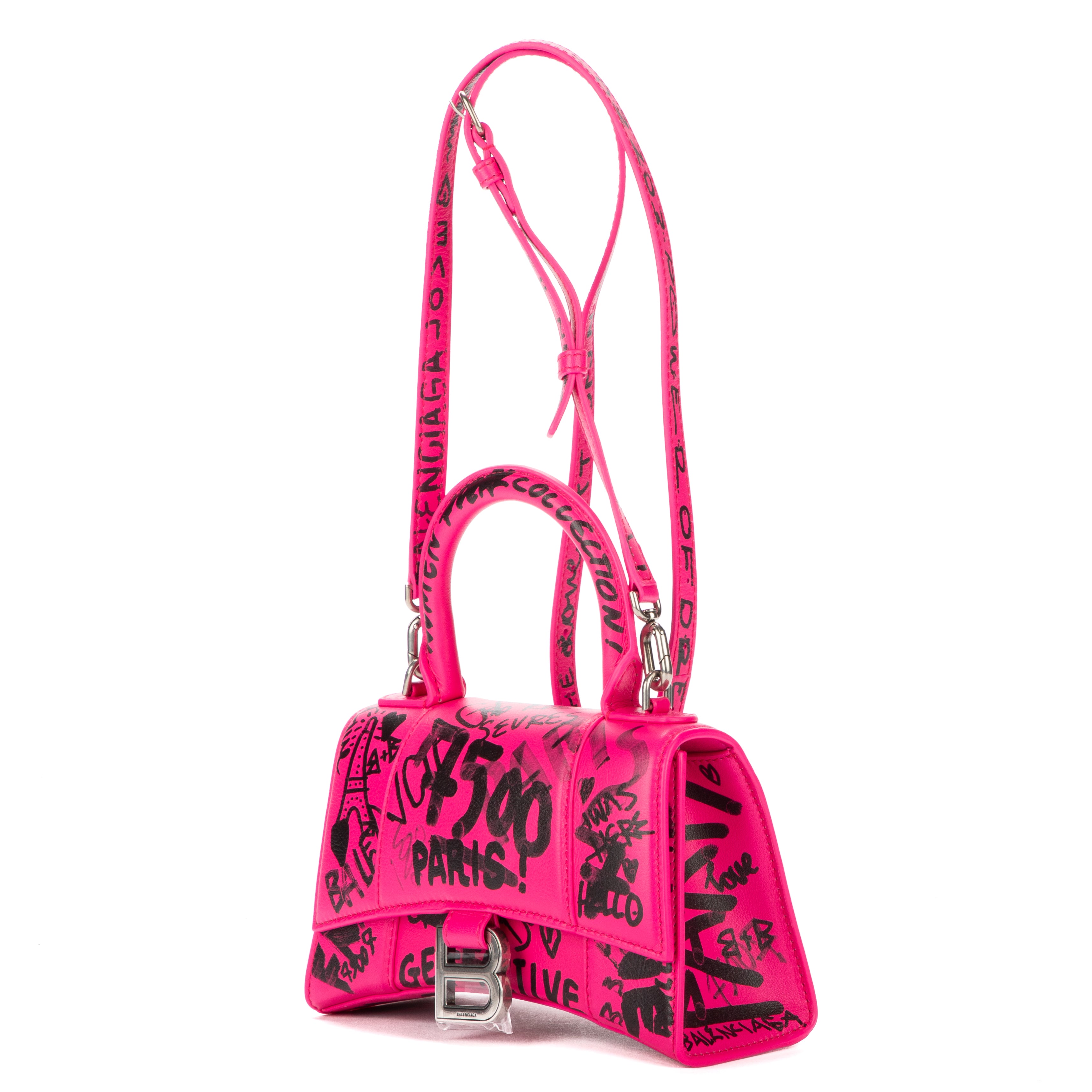 Bolso de mano Hourglass XS de piel de becerro rosa con grafiti