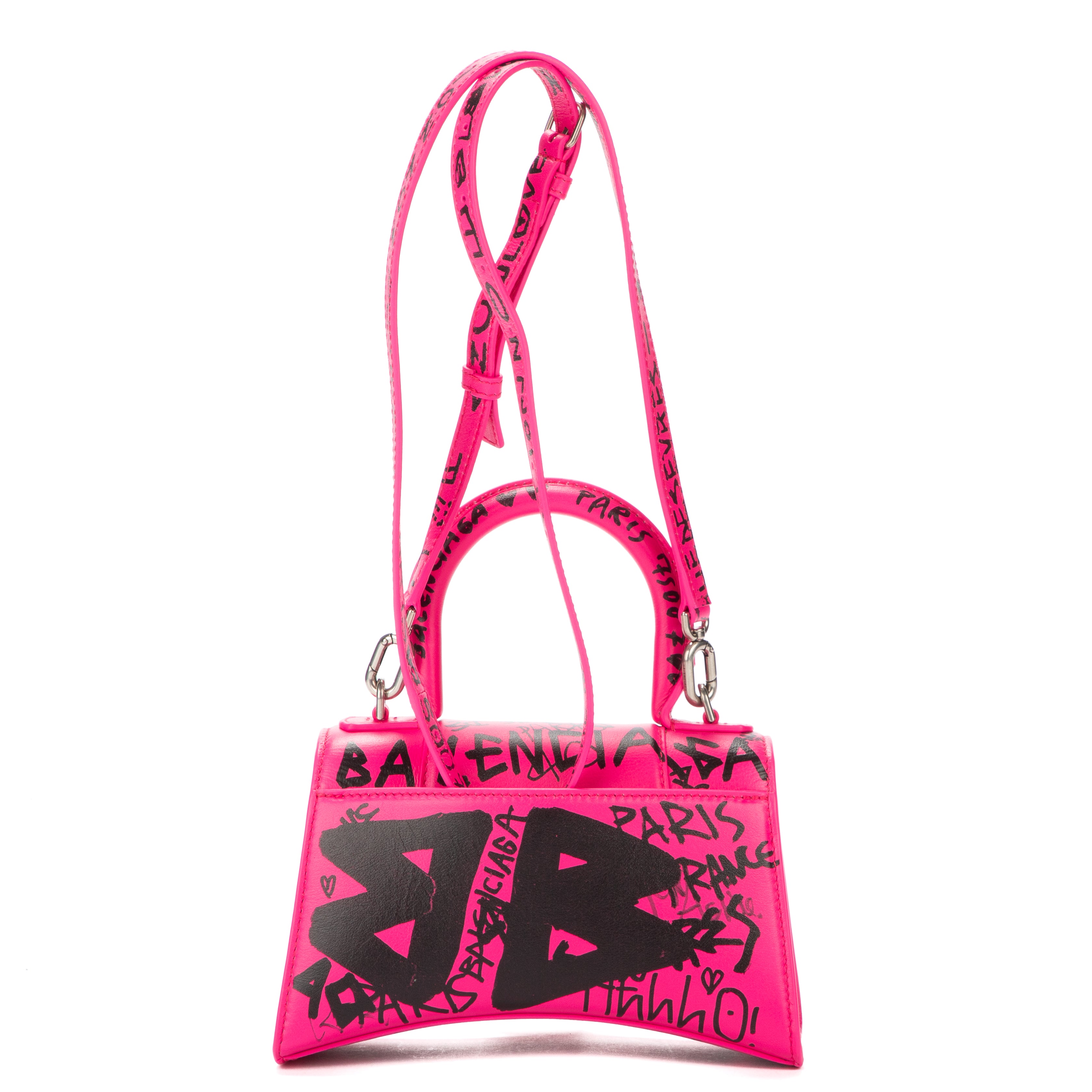 Bolso de mano Hourglass XS de piel de becerro rosa con grafiti