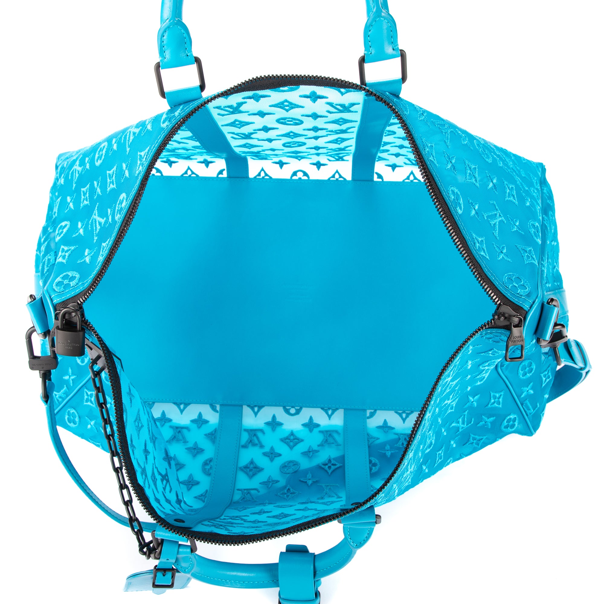 Travel Bag Ltd. Ed. Virgil Abloh Mesh Triangle Summer 2019 Keepall Bandouliere Turquiose Monogram See Through