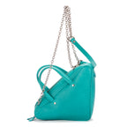 Bolso de mano con cartera triangular y cadena de piel azul grabada con pitón