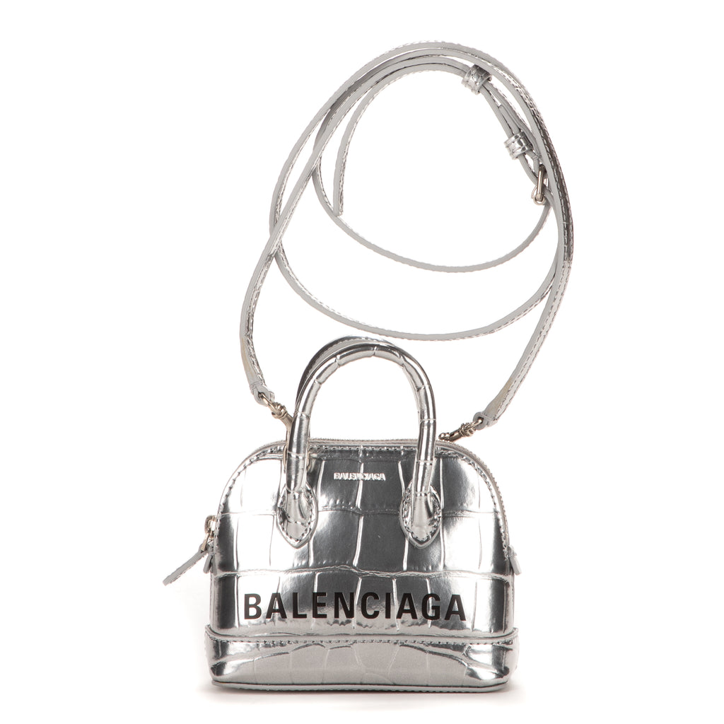 Sac à main Mini Ville Top Handle Bandoulière en Cuir Gaufré Croco Argenté
