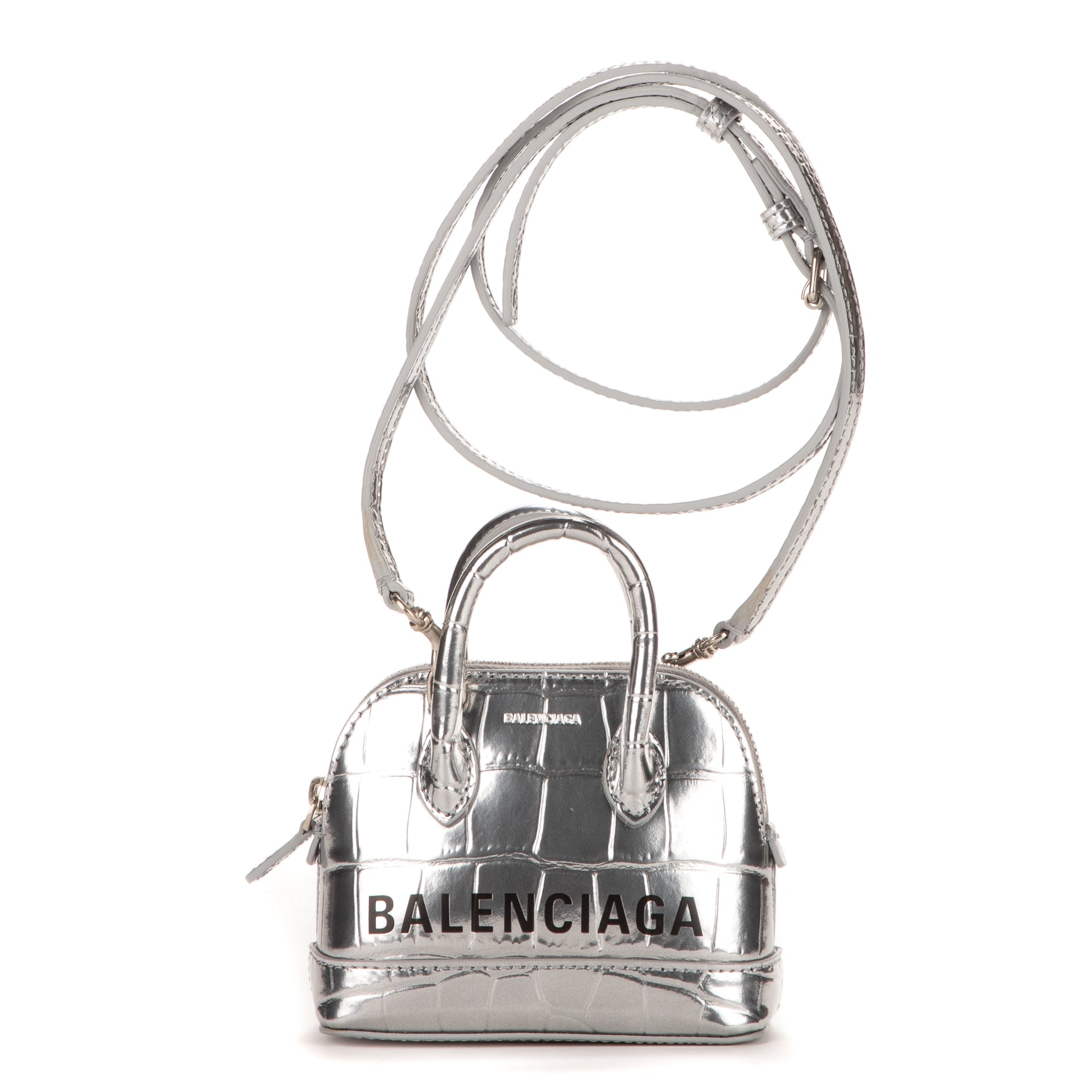 Sac à main Mini Ville Top Handle Bandoulière en Cuir Gaufré Croco Argenté