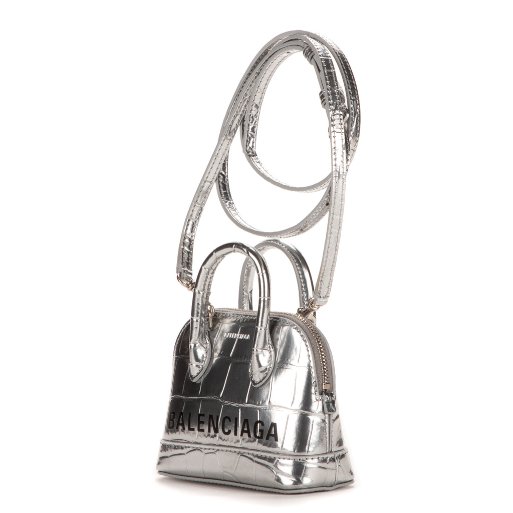Sac à main Mini Ville Top Handle Bandoulière en Cuir Gaufré Croco Argenté