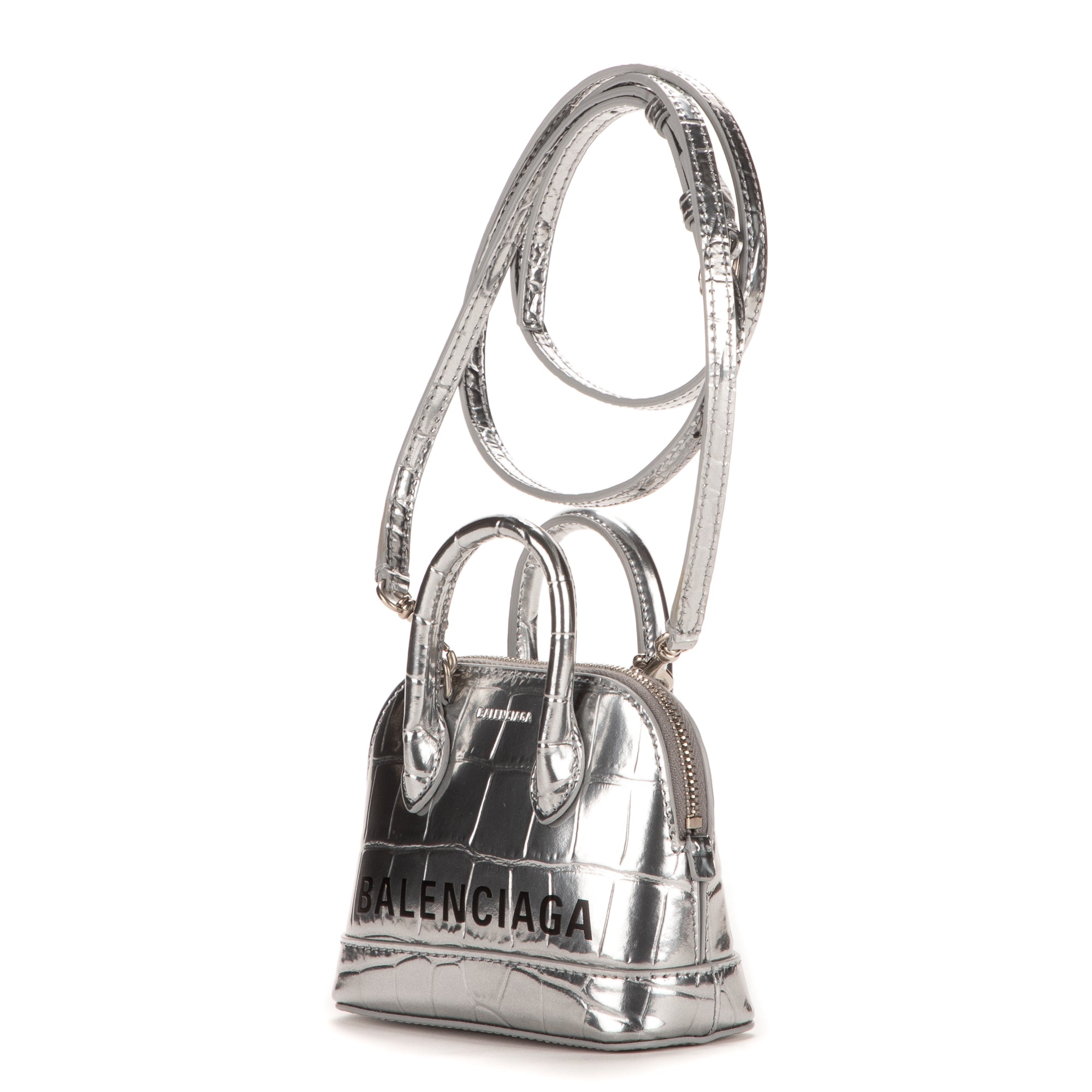 Sac à main Mini Ville Top Handle Bandoulière en Cuir Gaufré Croco Argenté
