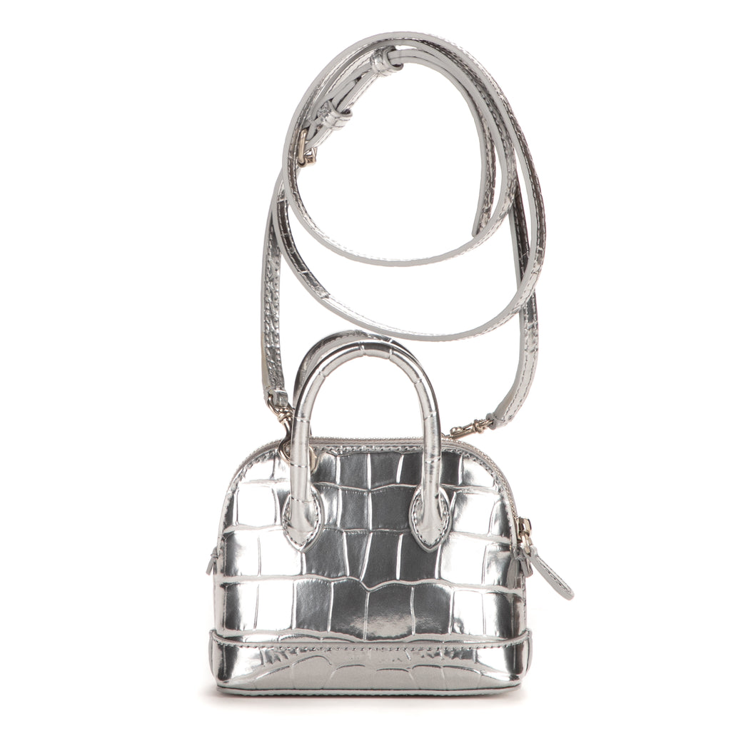 Sac à main Mini Ville Top Handle Bandoulière en Cuir Gaufré Croco Argenté