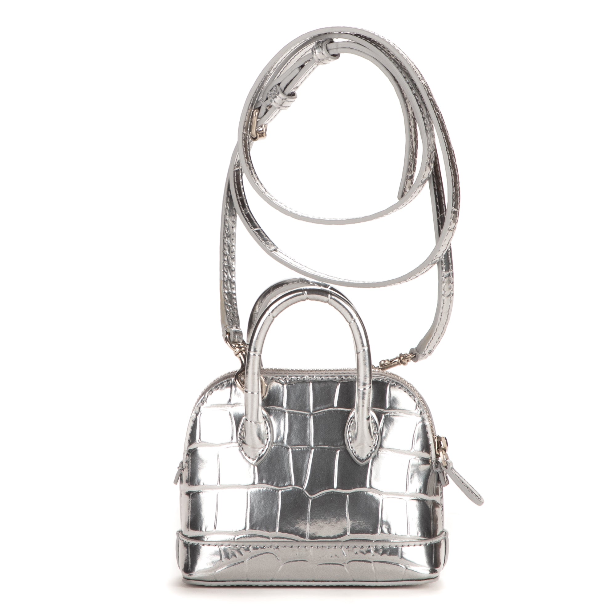 Sac à main Mini Ville Top Handle Bandoulière en Cuir Gaufré Croco Argenté