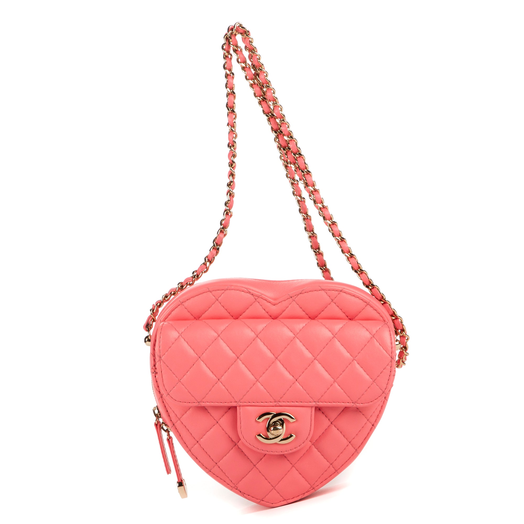 Shoulder Bag Heart Chain Crossbody Pink Calfskin Quilted Leather
