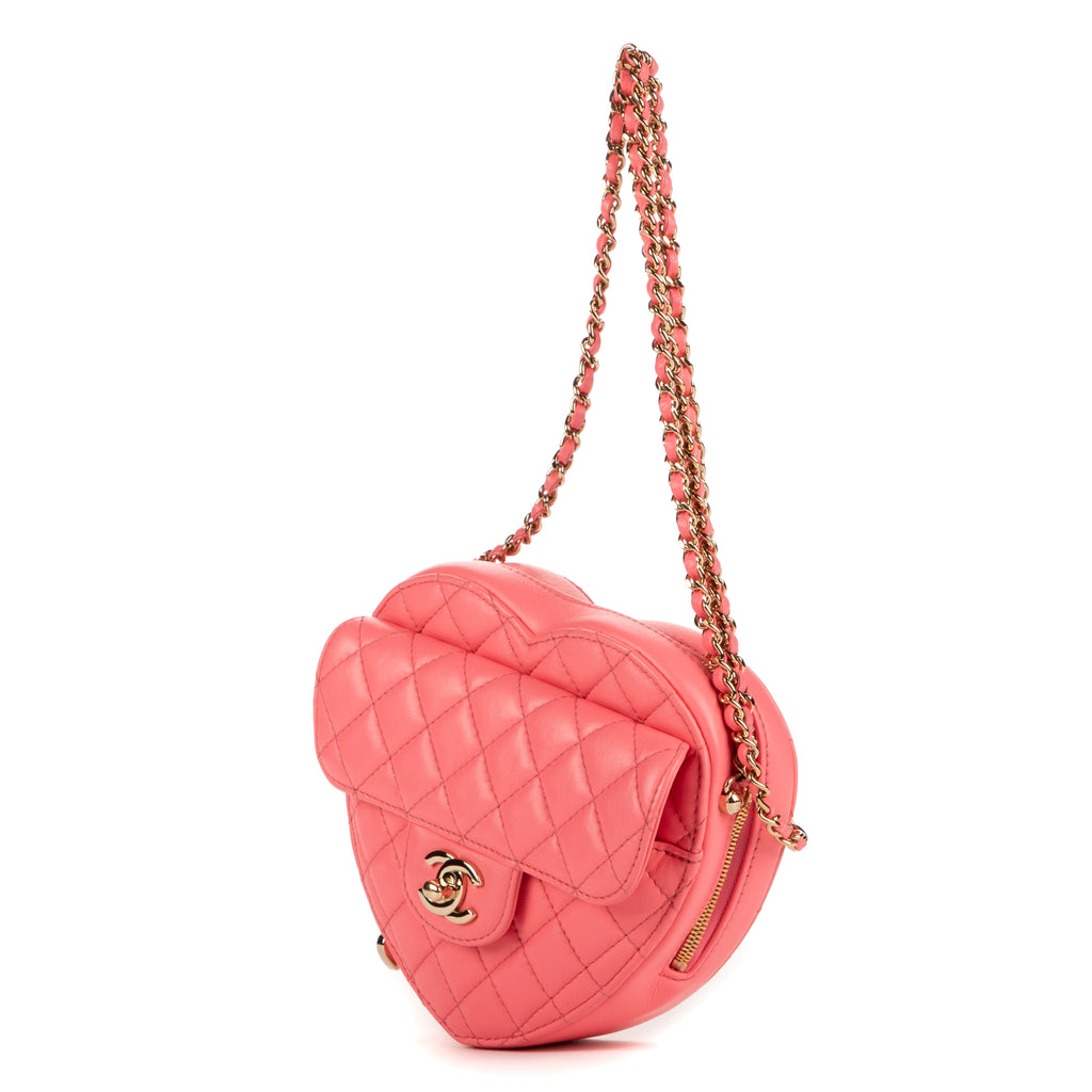 Shoulder Bag Heart Chain Crossbody Pink Calfskin Quilted Leather
