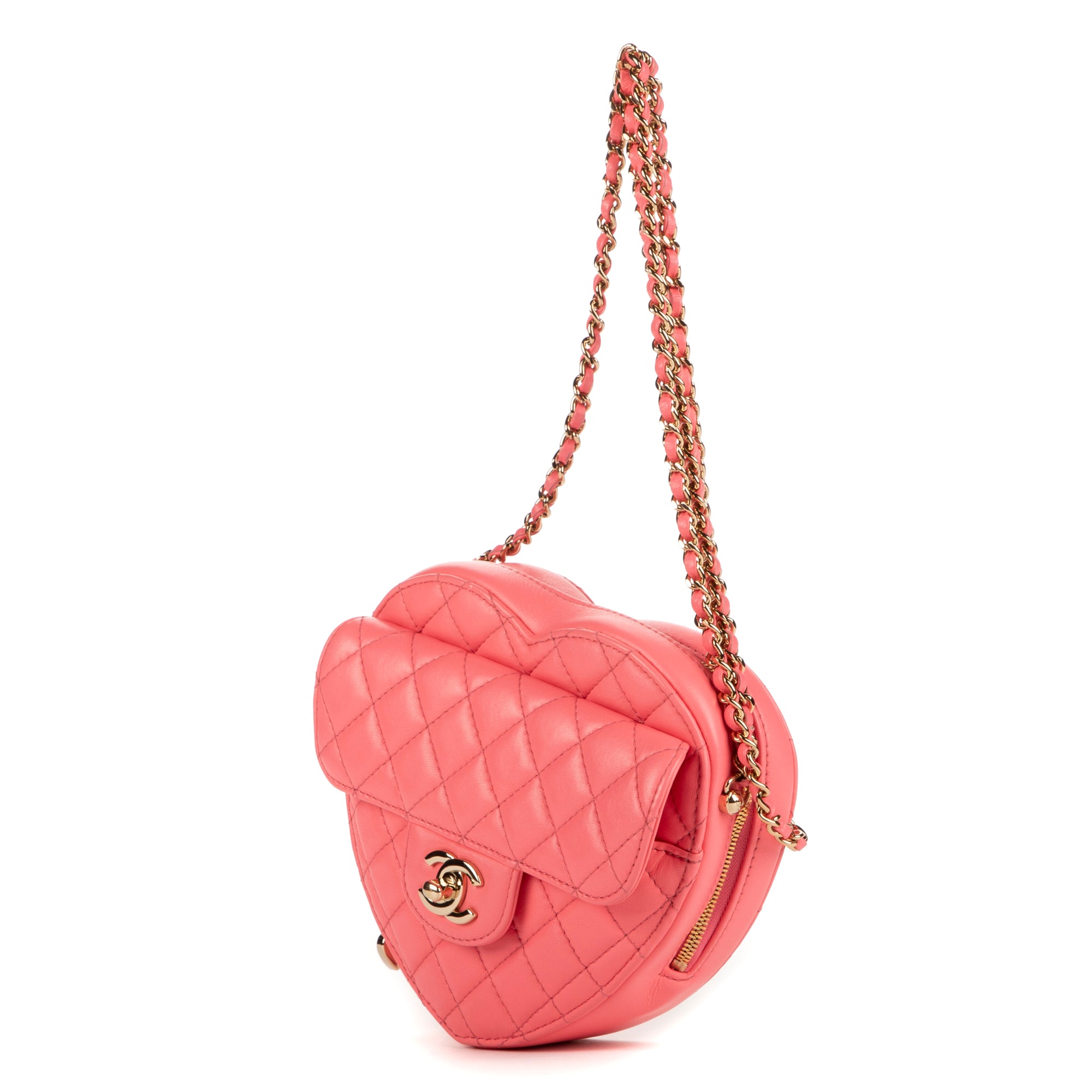 Shoulder Bag Heart Chain Crossbody Pink Calfskin Quilted Leather