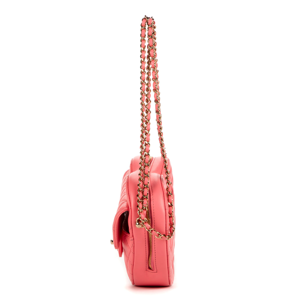 Shoulder Bag Heart Chain Crossbody Pink Calfskin Quilted Leather